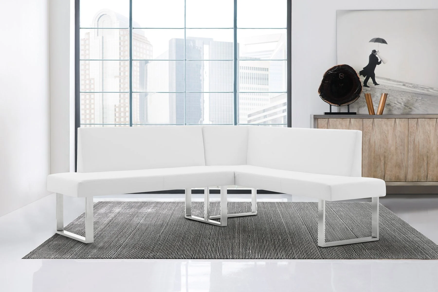 Amanda Contemporary Nook Corner Dining Bench in White Faux Leather and Chrome Finish - Image 8