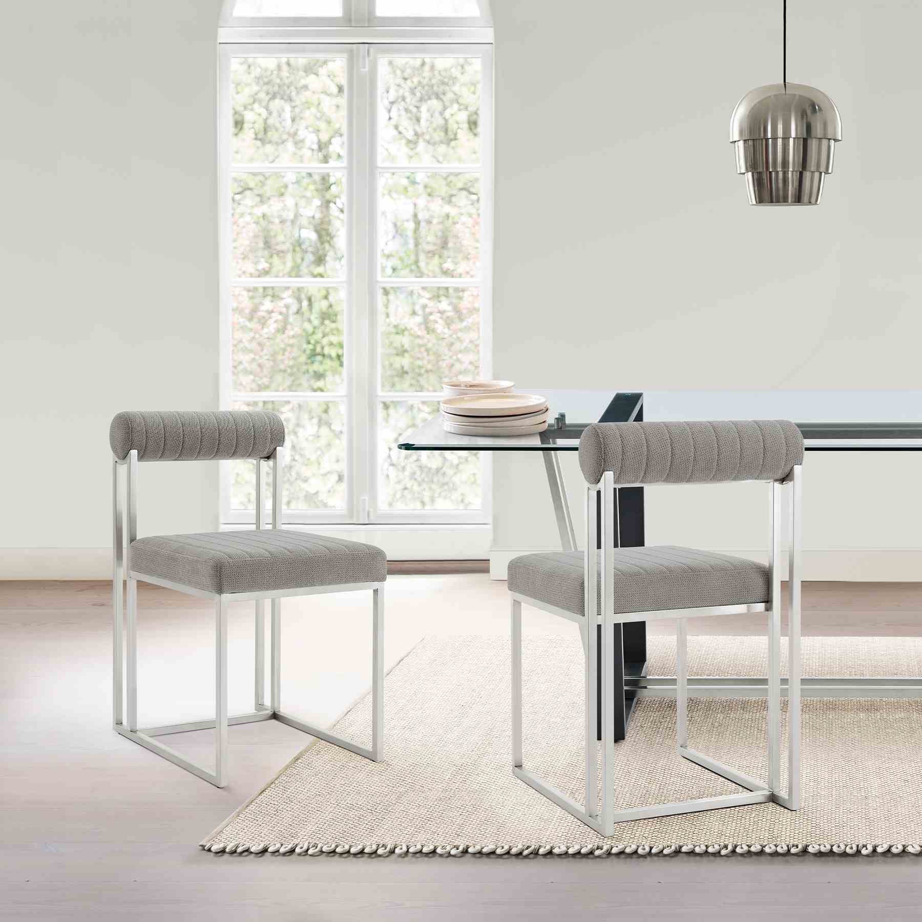 Anastasia Dining Chair with Brushed Stainless Steel and Light Gray Fabric - Set of 2 - Image 11