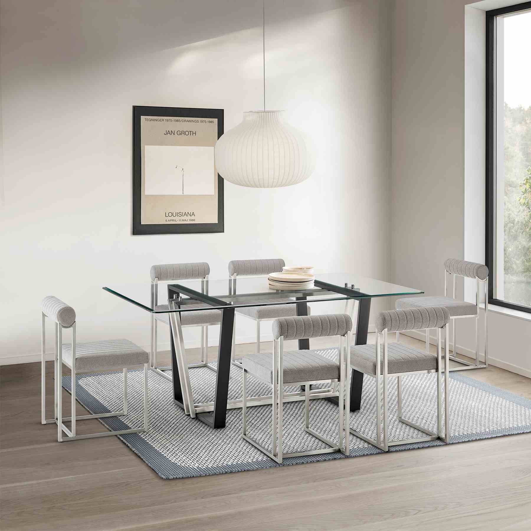 Anastasia Dining Chair with Brushed Stainless Steel and Light Gray Fabric - Set of 2 - Image 12