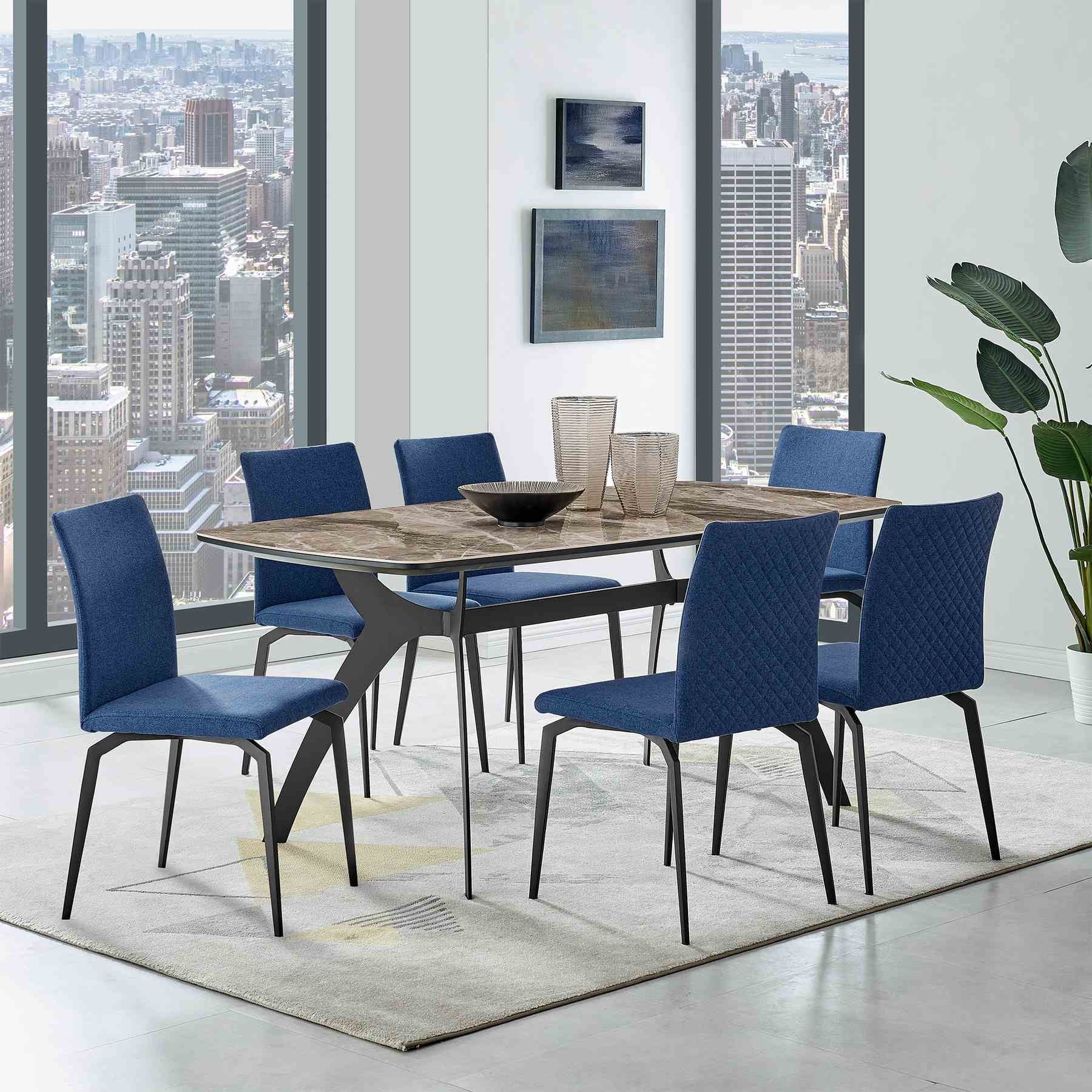 Andes and Lyon Blue Fabric 7 Piece Rectangular Dining Set - Image 8