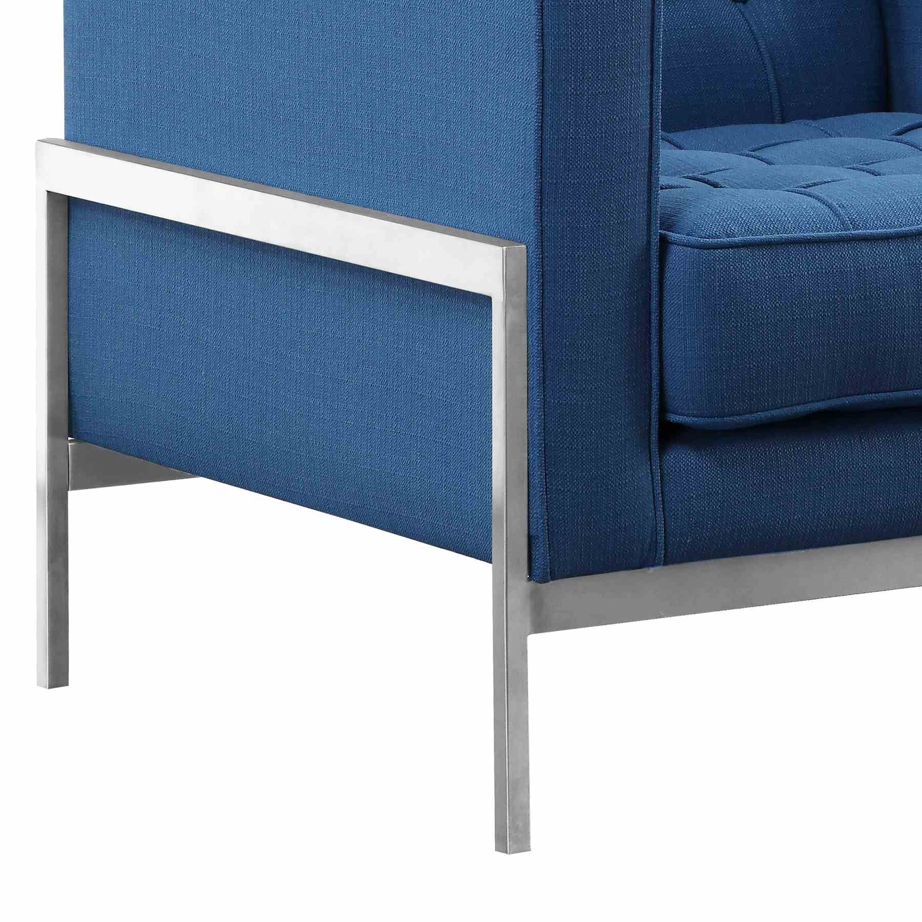 Andre Contemporary Sofa Chair in Brushed Stainless Steel and Blue Fabric - Image 2