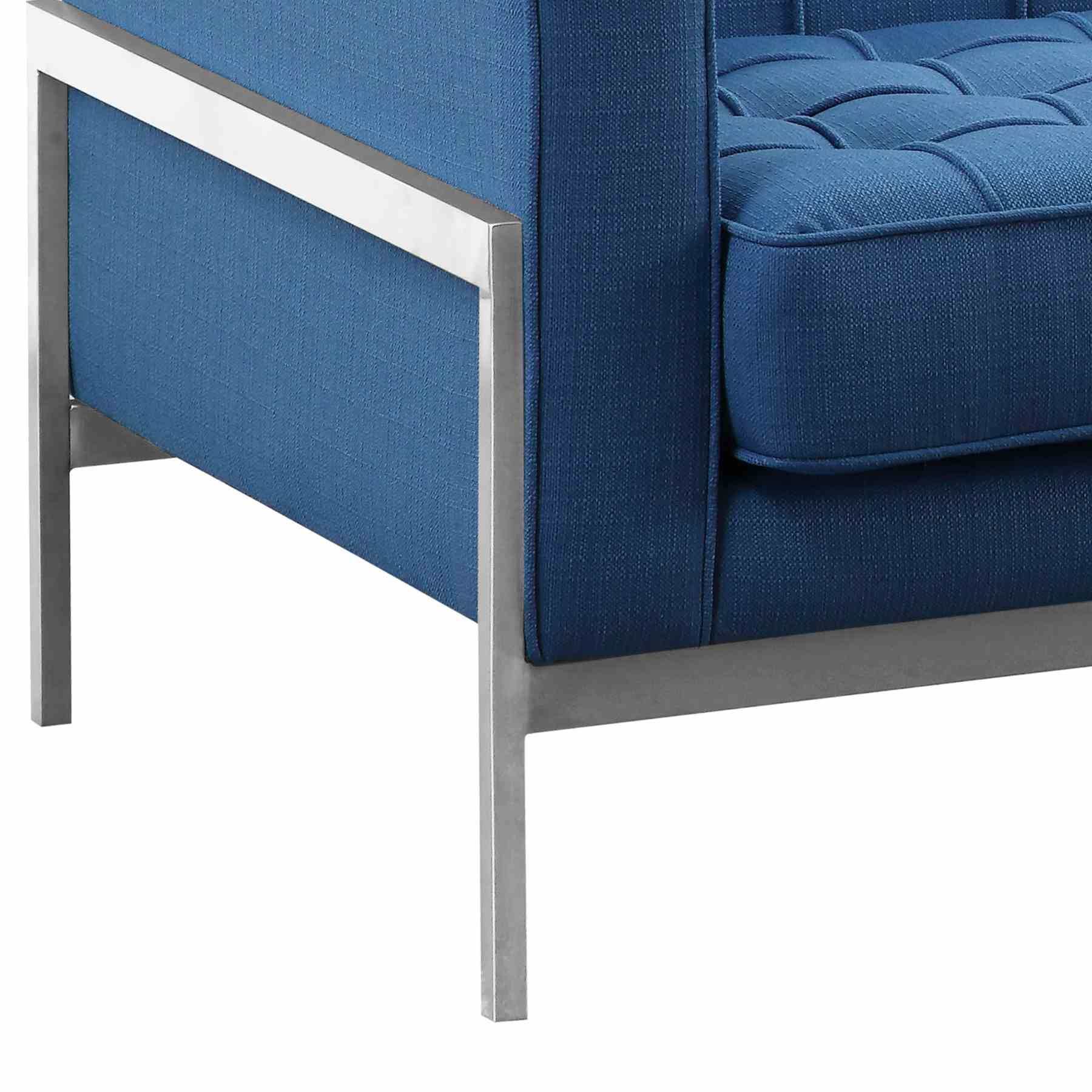 Andre Contemporary Sofa in Brushed Stainless Steel and Blue Fabric - Image 2