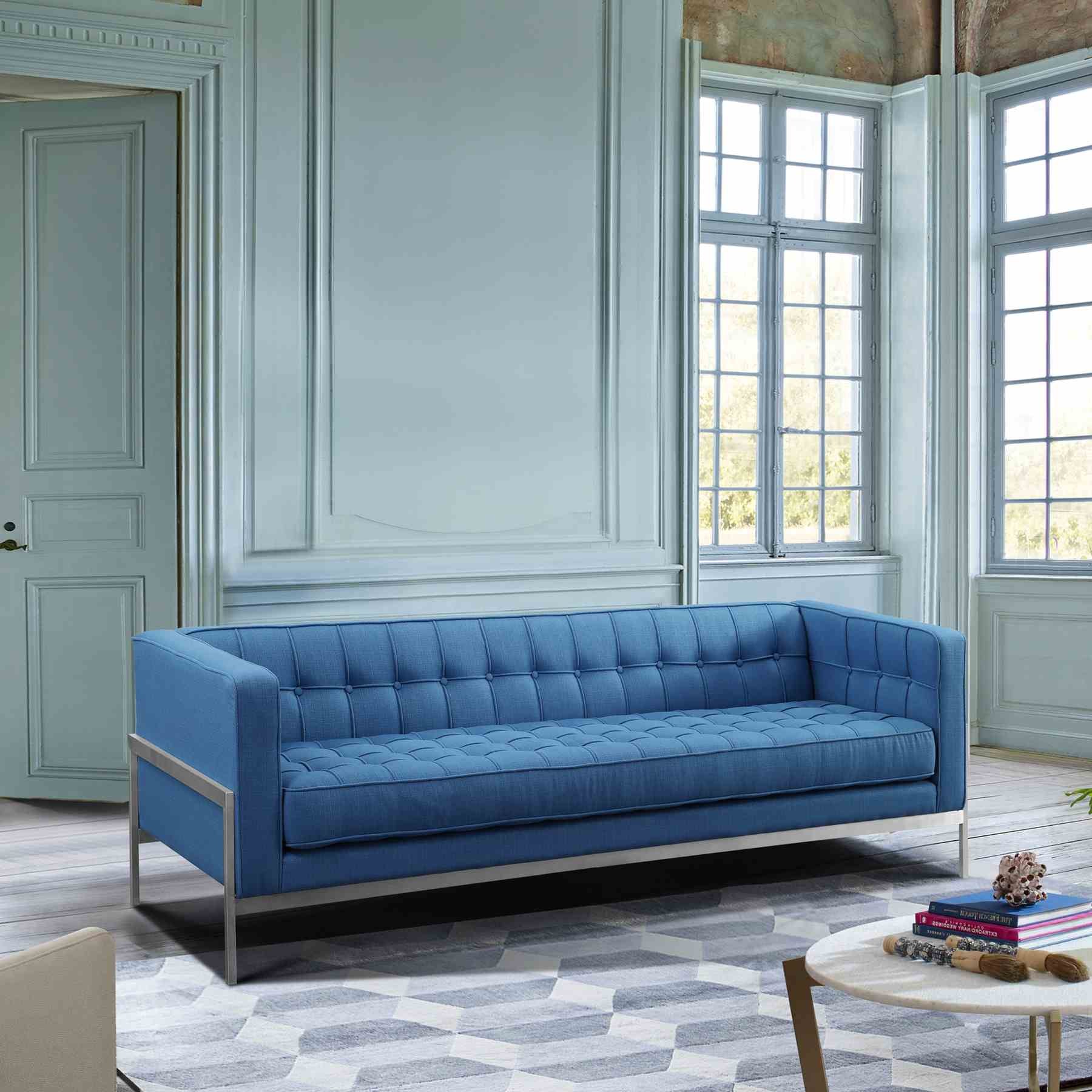 Andre Contemporary Sofa in Brushed Stainless Steel and Blue Fabric - Image 3