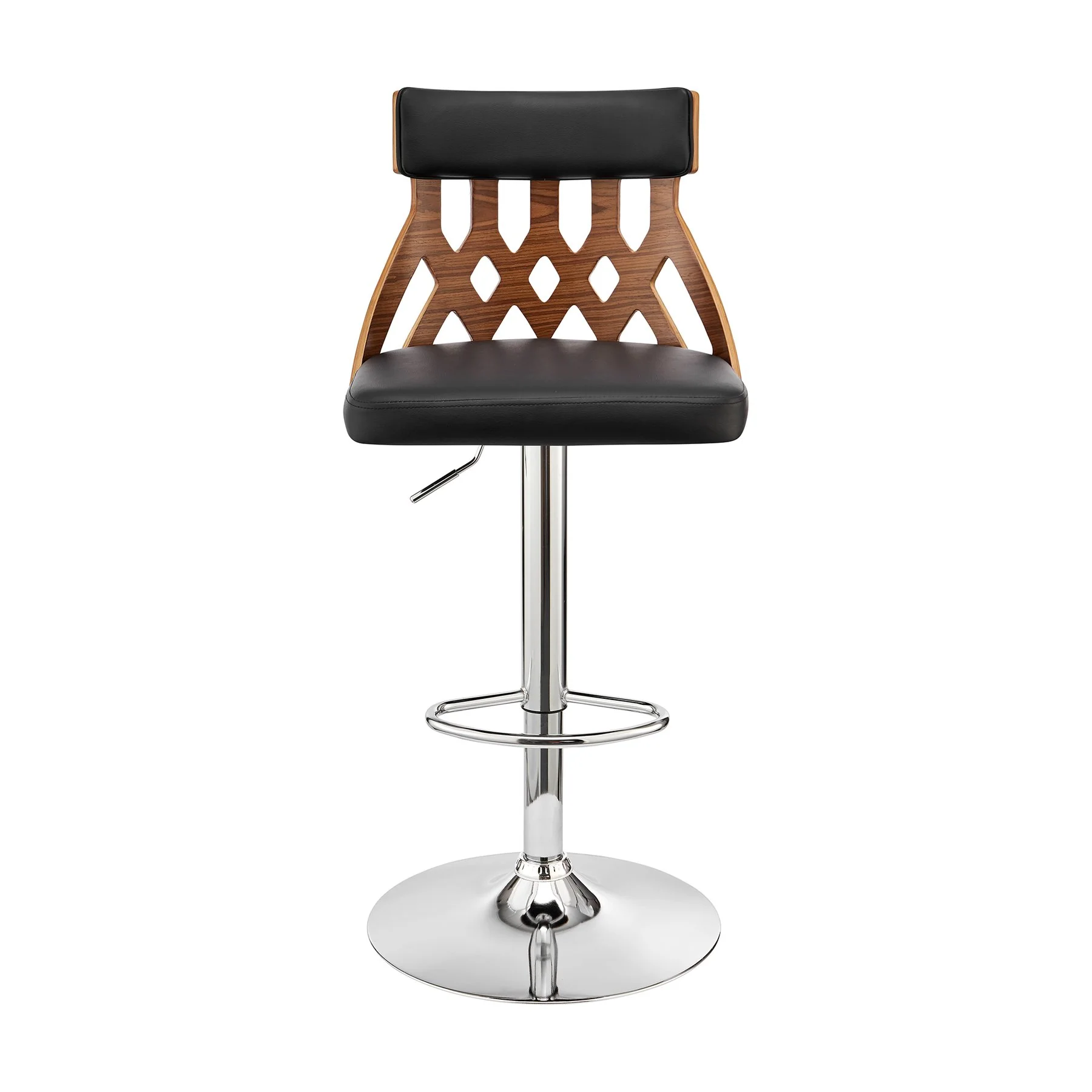Angelo Adjustable Swivel Black Faux Leather & Walnut Wood Bar Stool with Chrome Base - Image 2