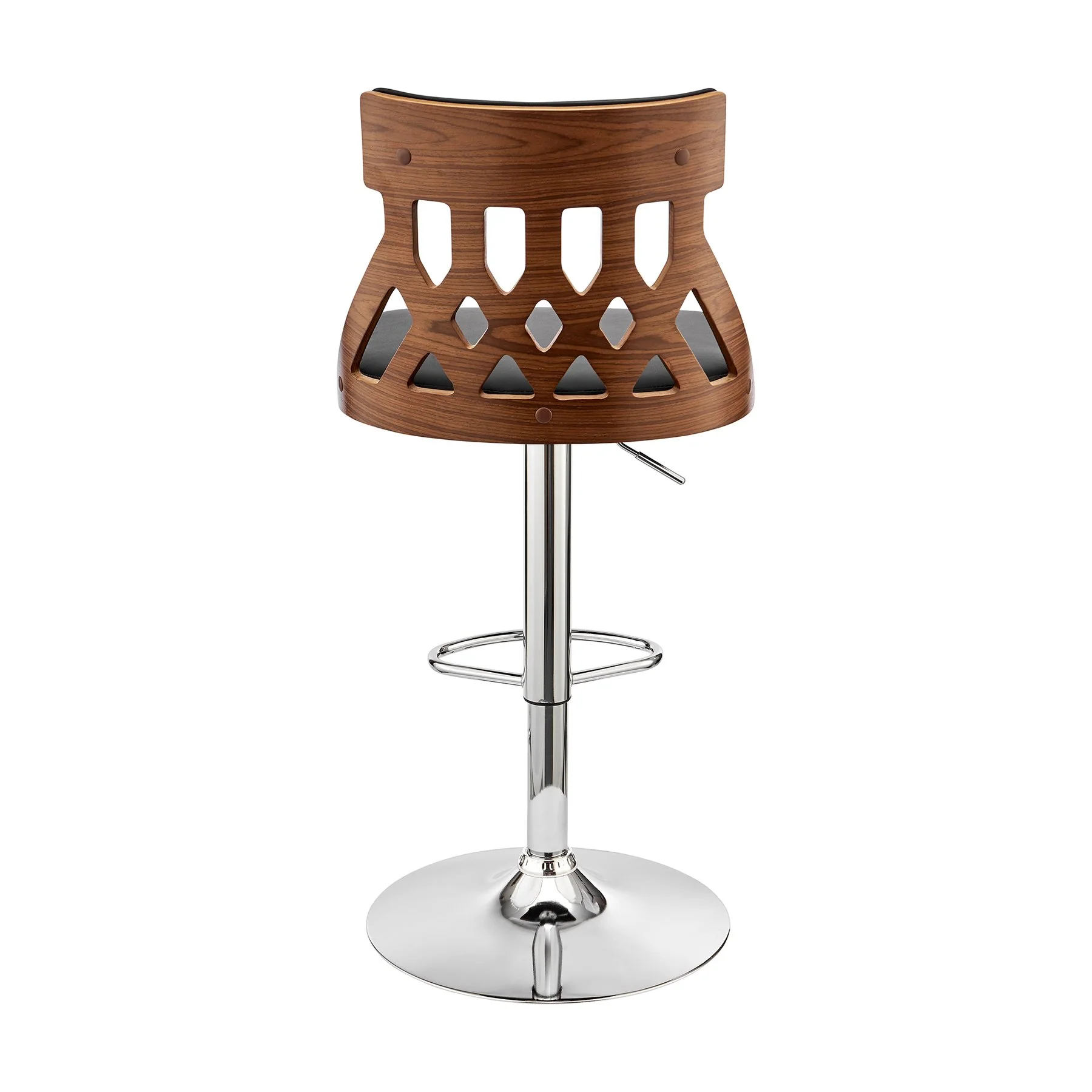 Angelo Adjustable Swivel Black Faux Leather & Walnut Wood Bar Stool with Chrome Base - Image 5