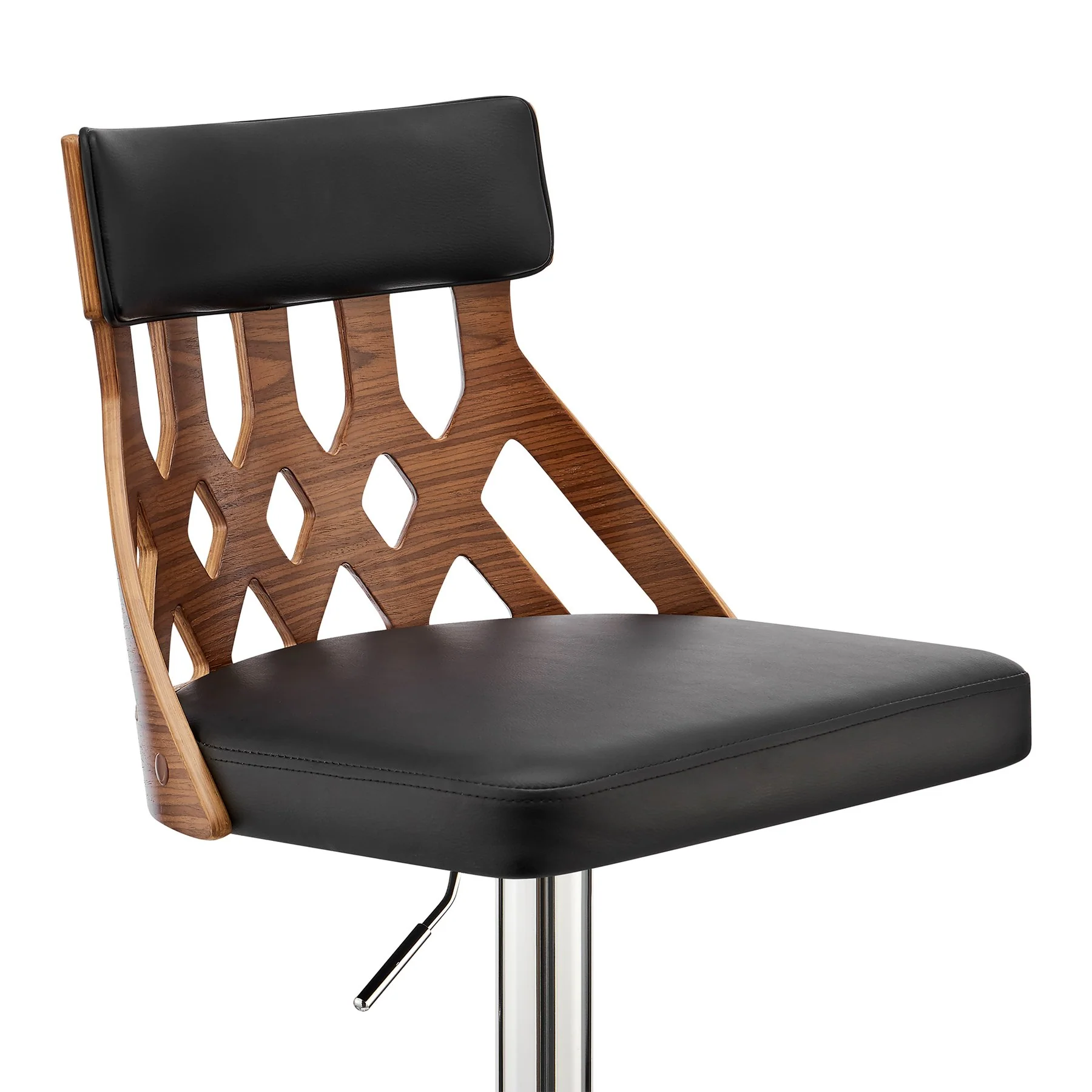 Angelo Adjustable Swivel Black Faux Leather & Walnut Wood Bar Stool with Chrome Base - Image 6