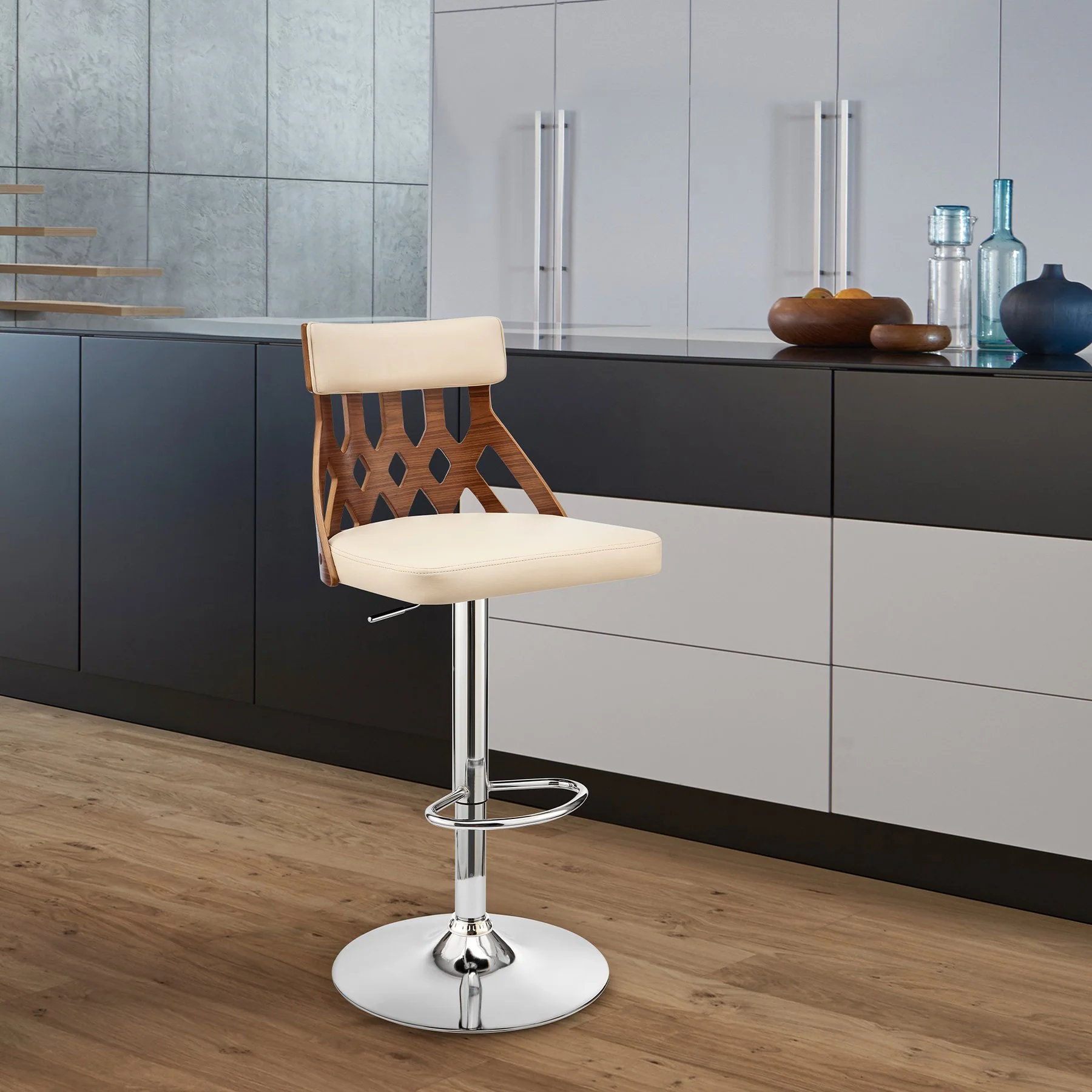 Angelo Adjustable Swivel Cream Faux Leather & Walnut Wood Bar Stool with Chrome Base - Image 10