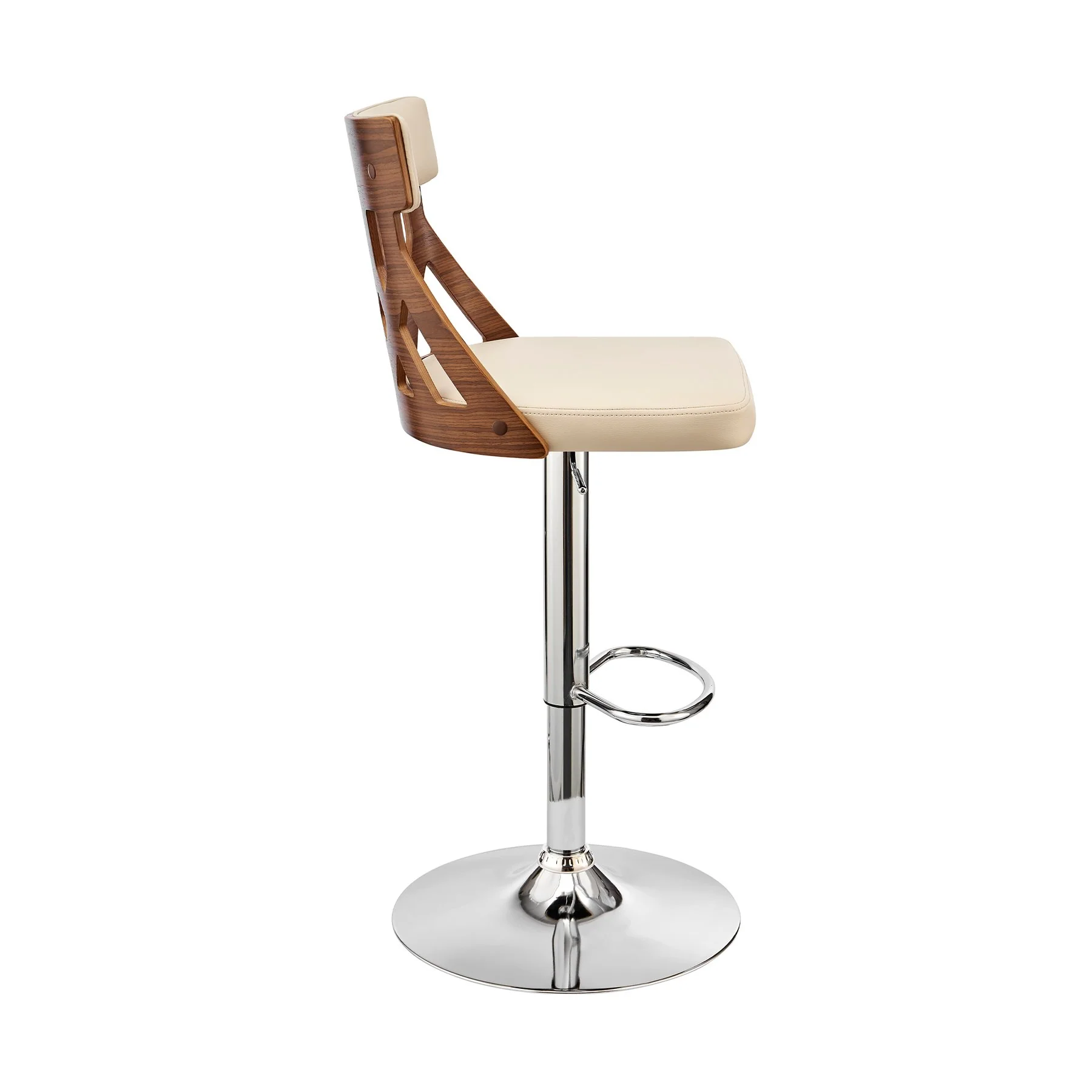 Angelo Adjustable Swivel Cream Faux Leather & Walnut Wood Bar Stool with Chrome Base - Image 2