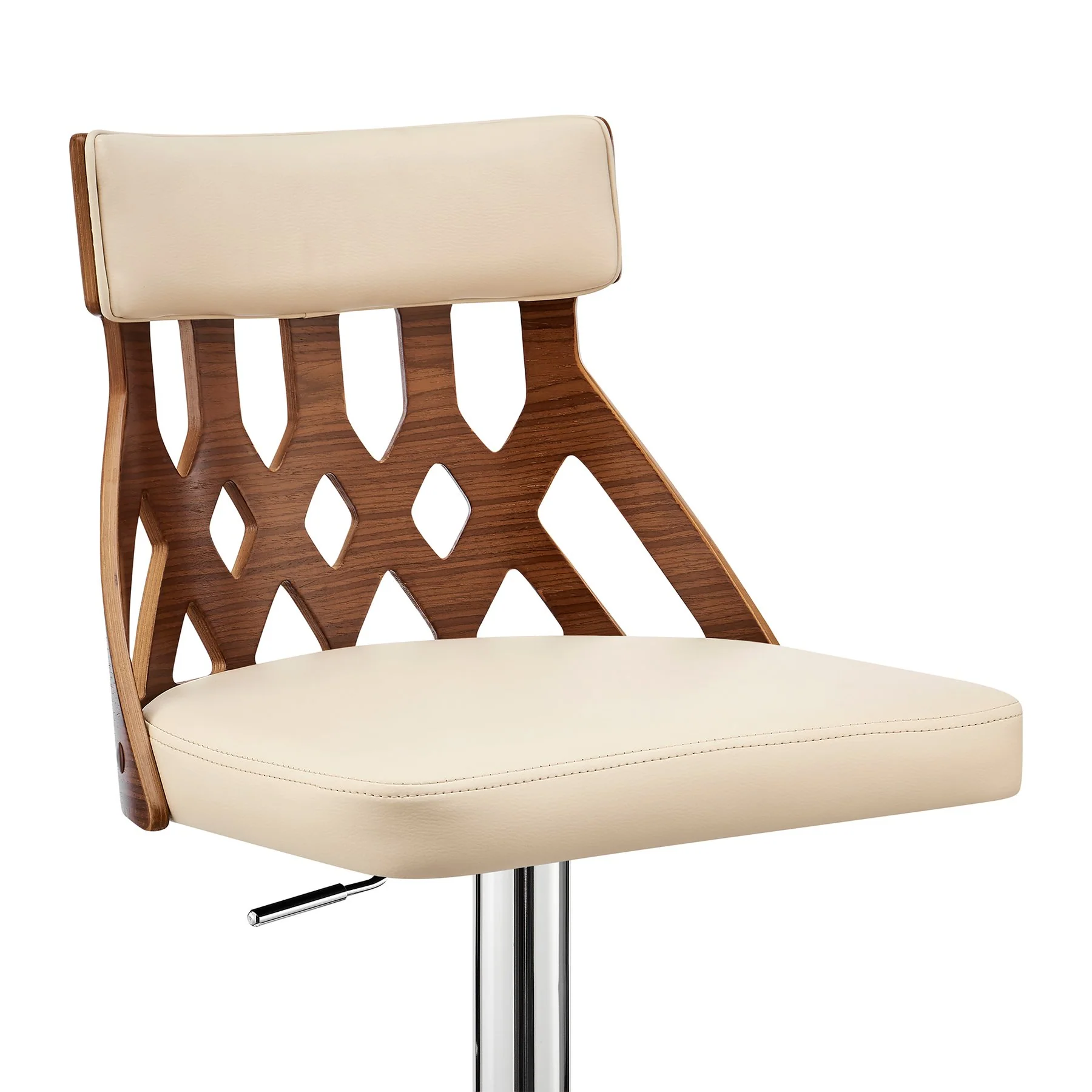 Angelo Adjustable Swivel Cream Faux Leather & Walnut Wood Bar Stool with Chrome Base - Image 6
