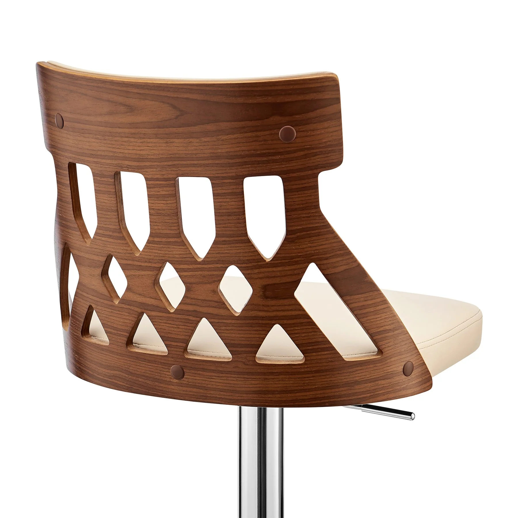 Angelo Adjustable Swivel Cream Faux Leather & Walnut Wood Bar Stool with Chrome Base - Image 7