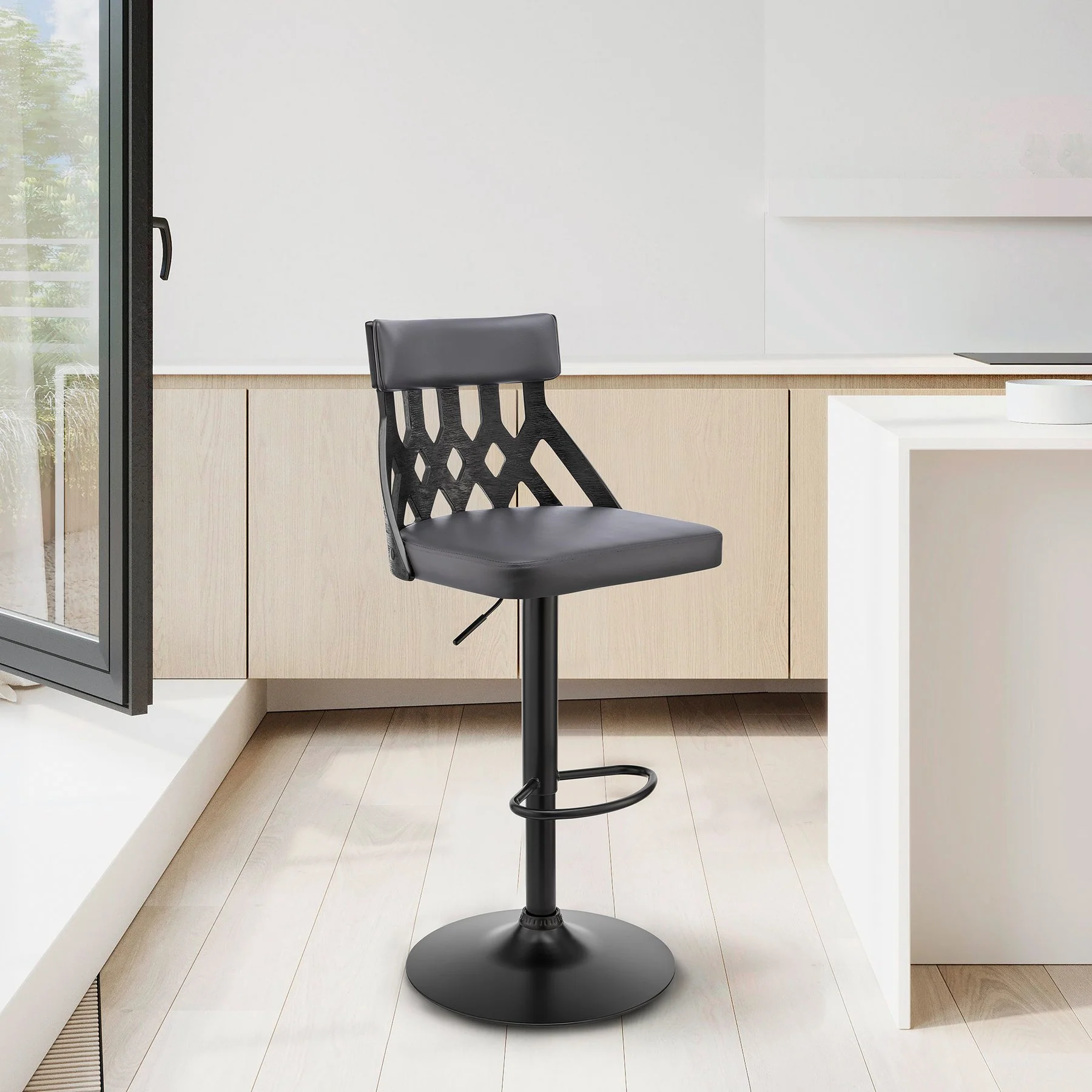 Angelo Adjustable Swivel Gray Faux Leather & Black Wood Bar Stool with Black Base - Image 10