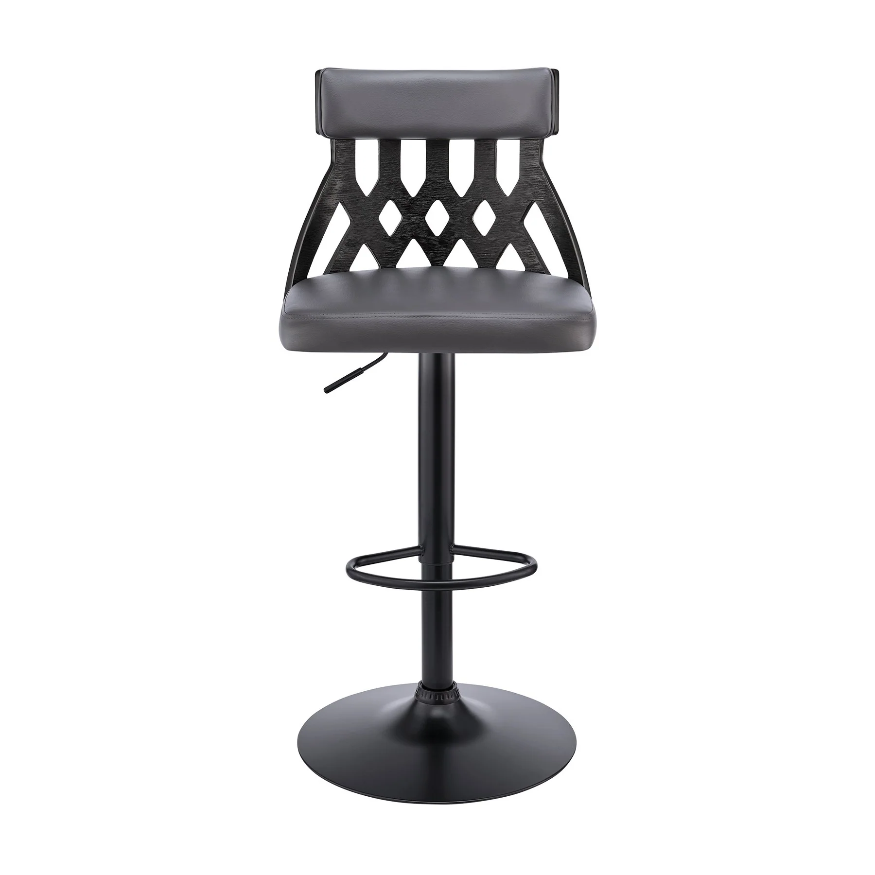 Angelo Adjustable Swivel Gray Faux Leather & Black Wood Bar Stool with Black Base - Image 2