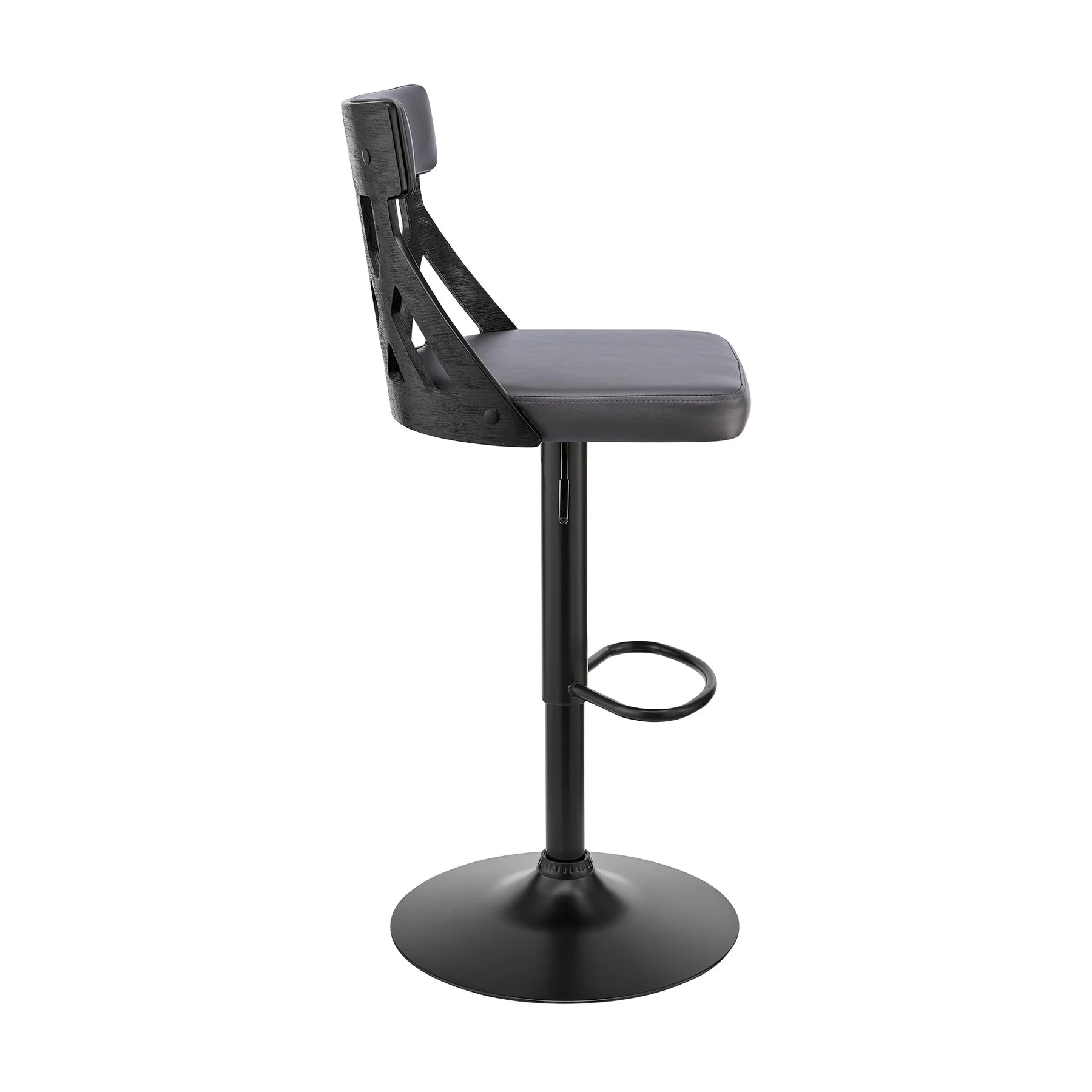 Angelo Adjustable Swivel Gray Faux Leather & Black Wood Bar Stool with Black Base - Image 3