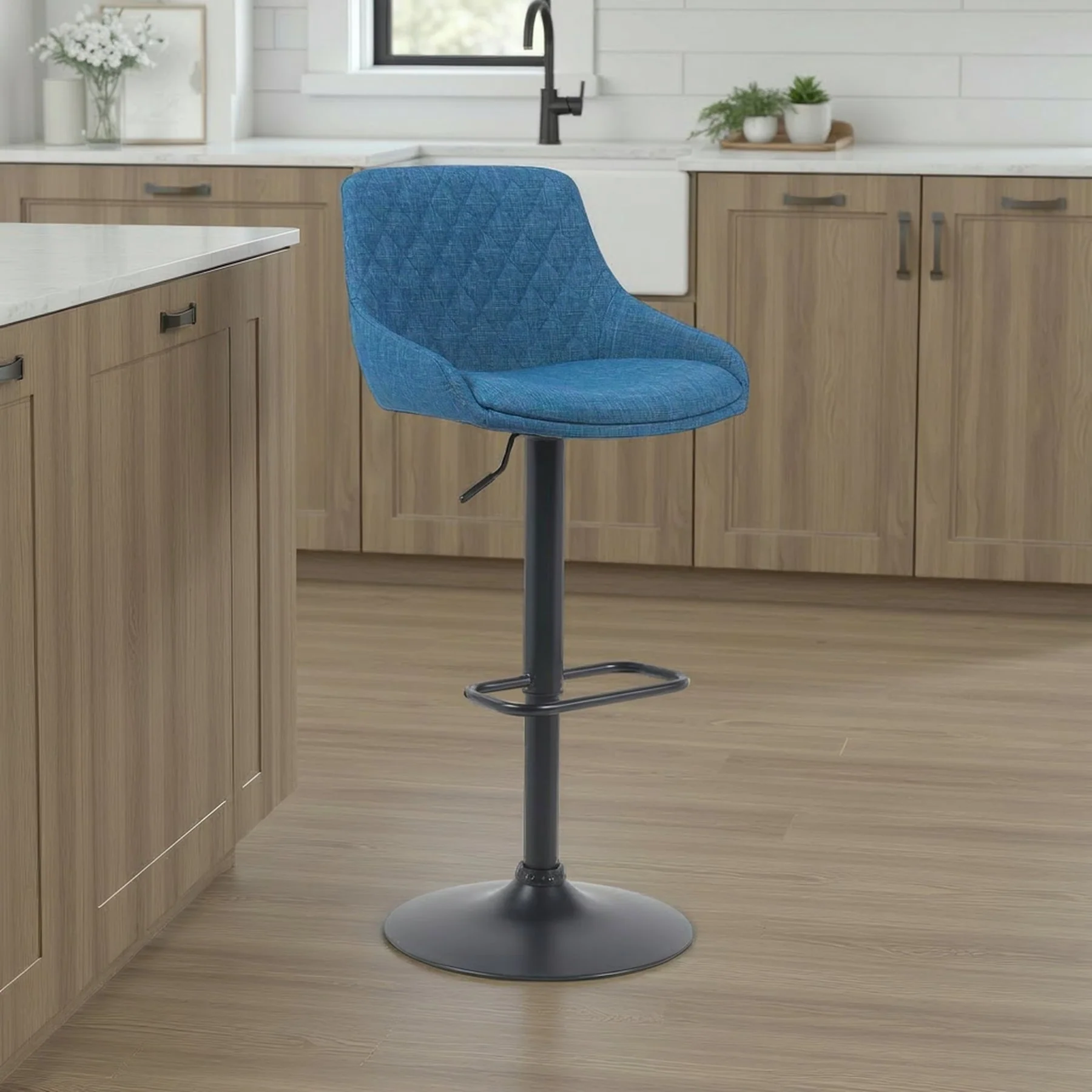 Anibal Modern Adjustable Swivel Barstool in Black Metal Finish with Blue Upholstered Seat - Image 7