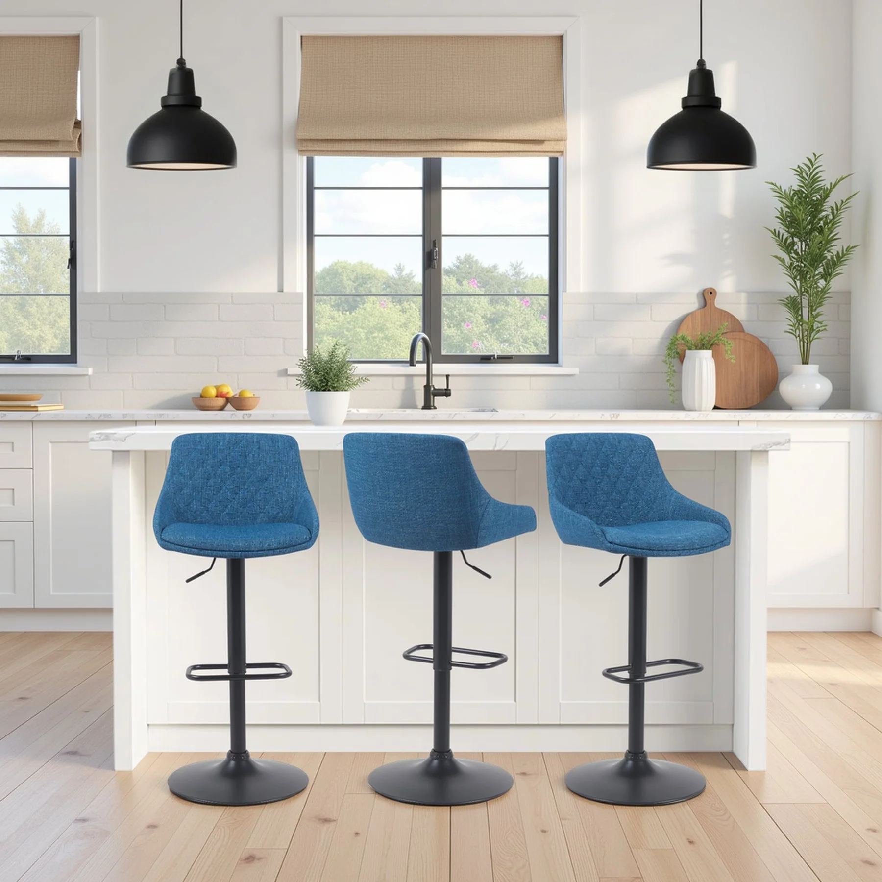 Anibal Modern Adjustable Swivel Barstool in Black Metal Finish with Blue Upholstered Seat - Image 8