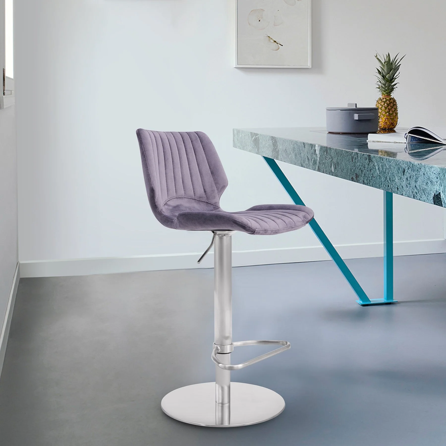 Anika Adjustable Gray Velvet and Brushed Stainless Steel Bar and Counter Stool - Image 6