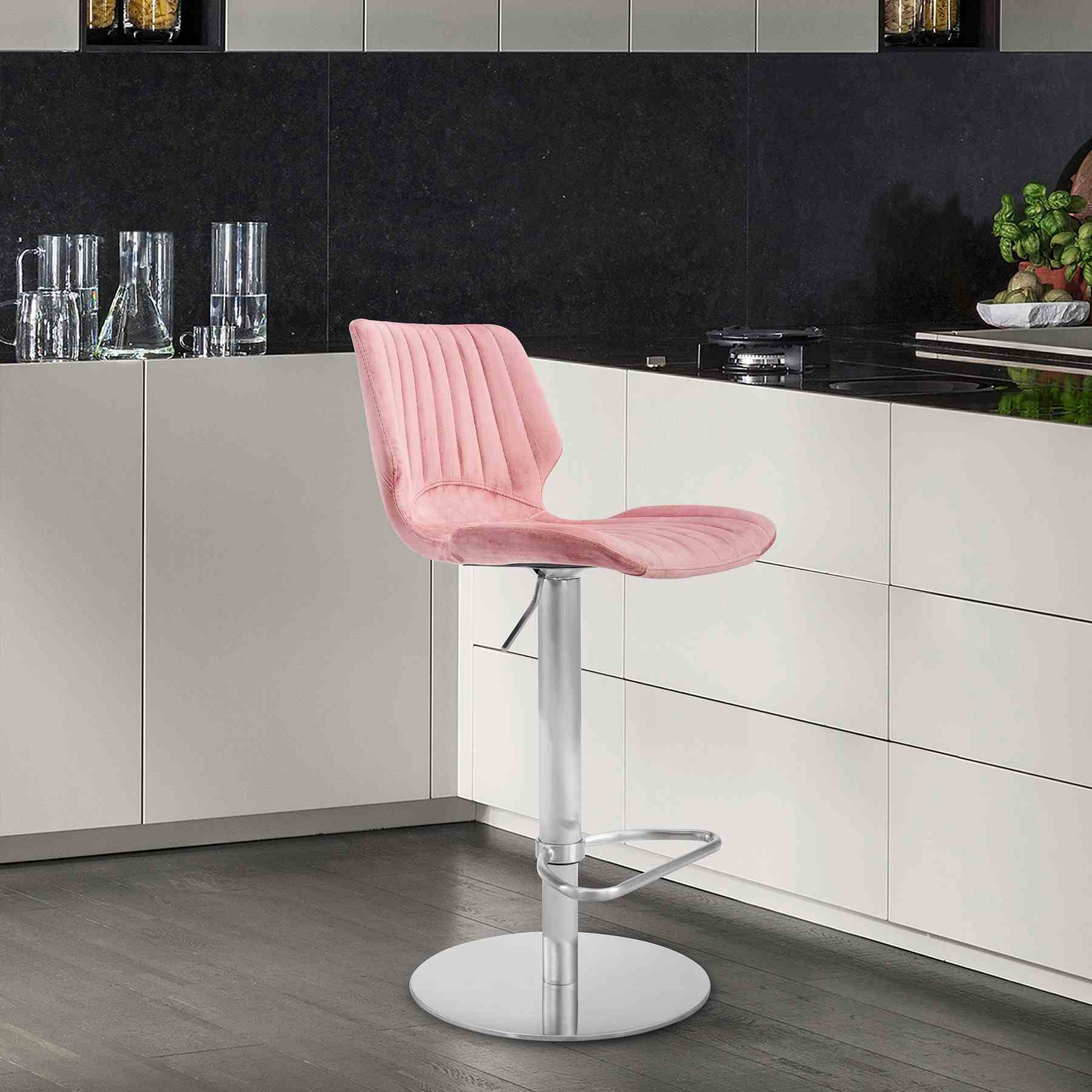 Anika Adjustable Velvet and Brushed Stainless Steel Bar and Counter Stool in Pink - Image 6