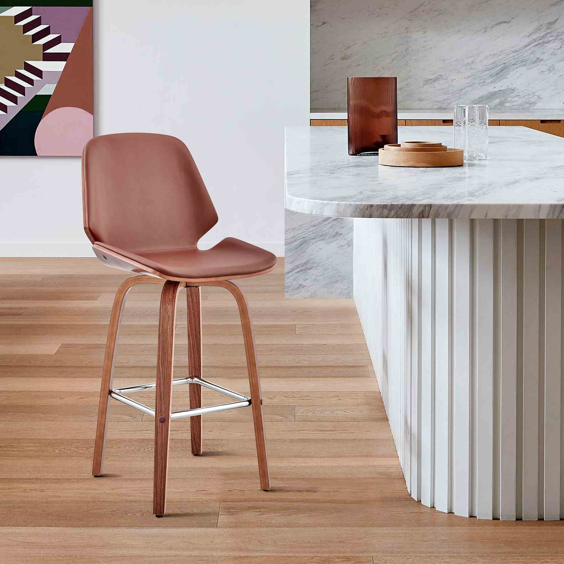 Arabela 26" Brown Faux Leather and Walnut Wood Swivel Bar Stool - Image 11