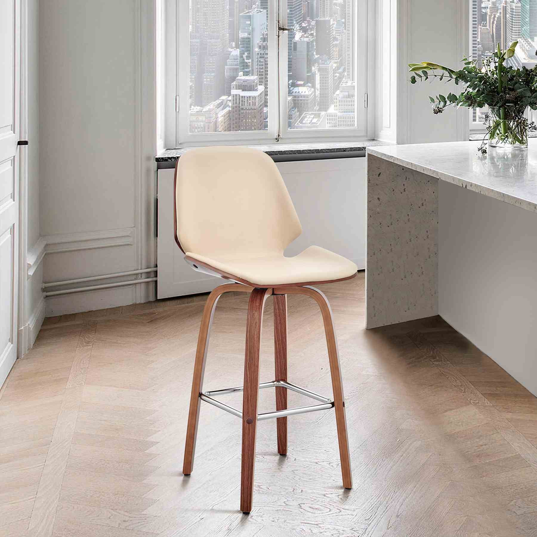 Arabela 26" Cream Faux Leather and Walnut Wood Swivel Bar Stool - Image 11
