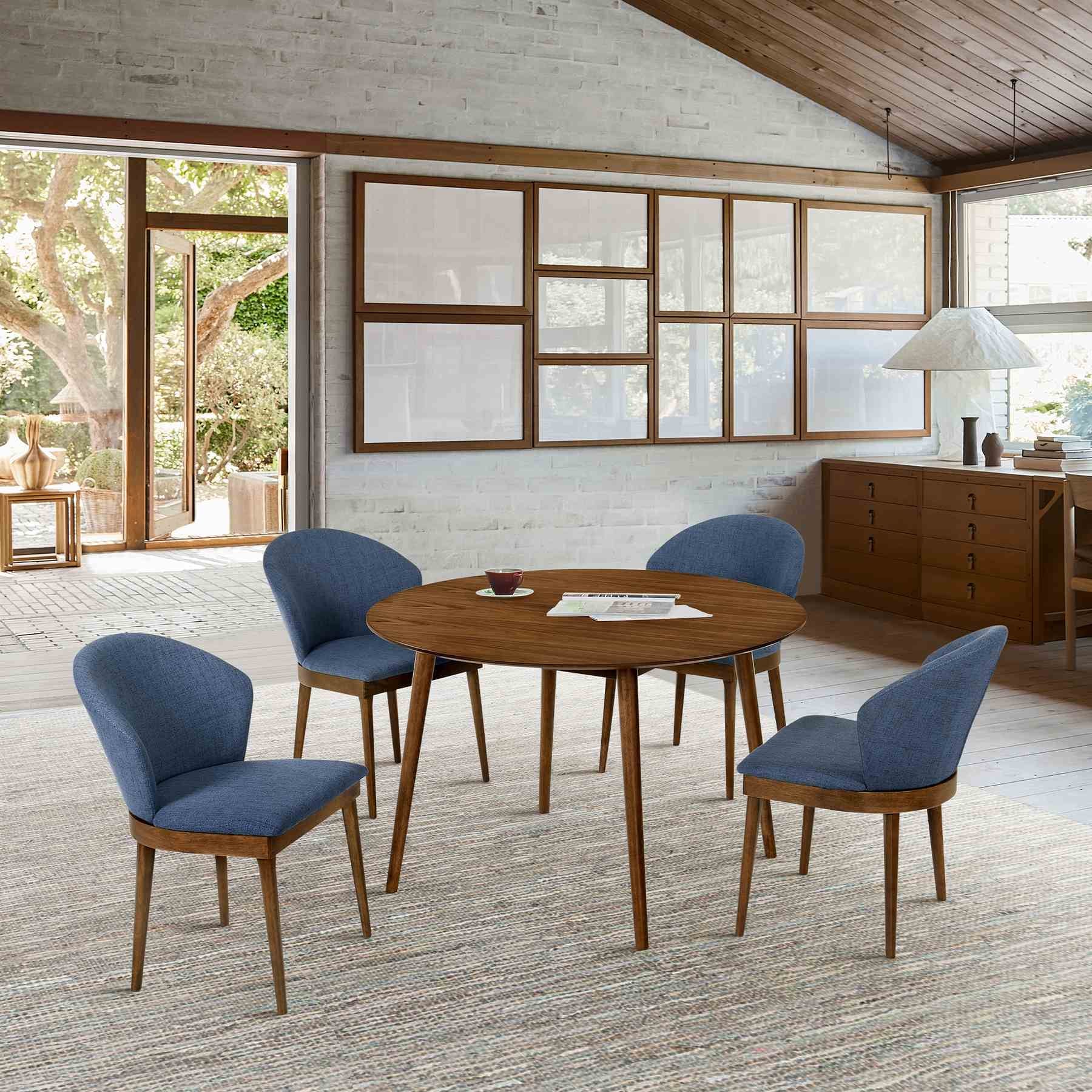 Arcadia and Juno 48" Round Blue and Walnut Wood 5 Piece Dining Set - Image 10
