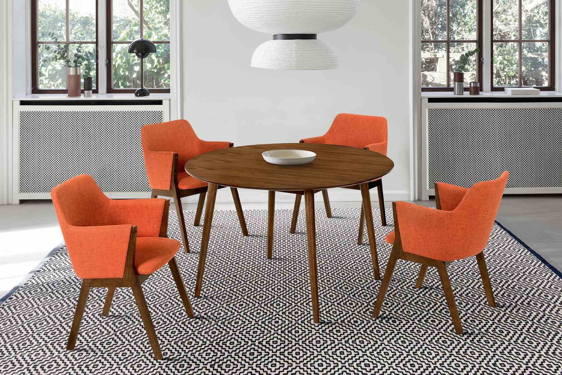 Arcadia and Renzo 48" Round Orange and Walnut Wood 5 Piece Dining Set - Image 10