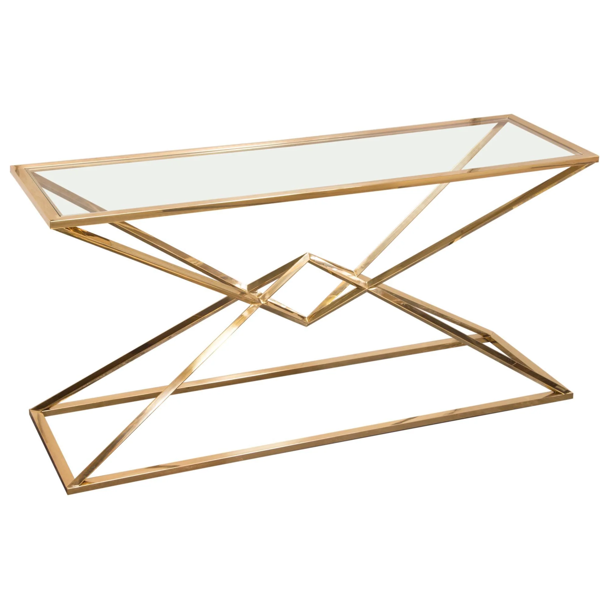 Aria Rectangle Stainless Steel Console Table w/ Polished Gold Finish Base & Clear, Tempered Glass Top by Diamond Sofa - Image 4