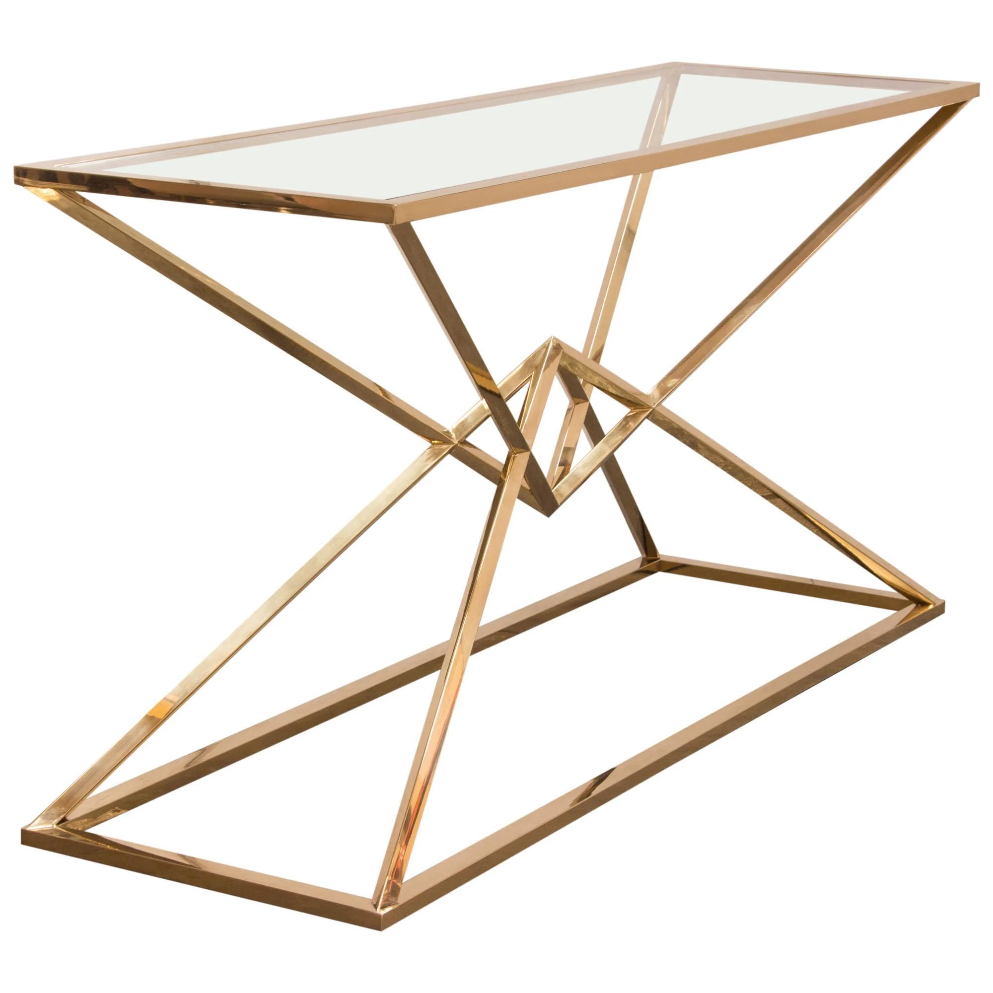 Aria Rectangle Stainless Steel Console Table w/ Polished Gold Finish Base & Clear, Tempered Glass Top by Diamond Sofa - Image 7