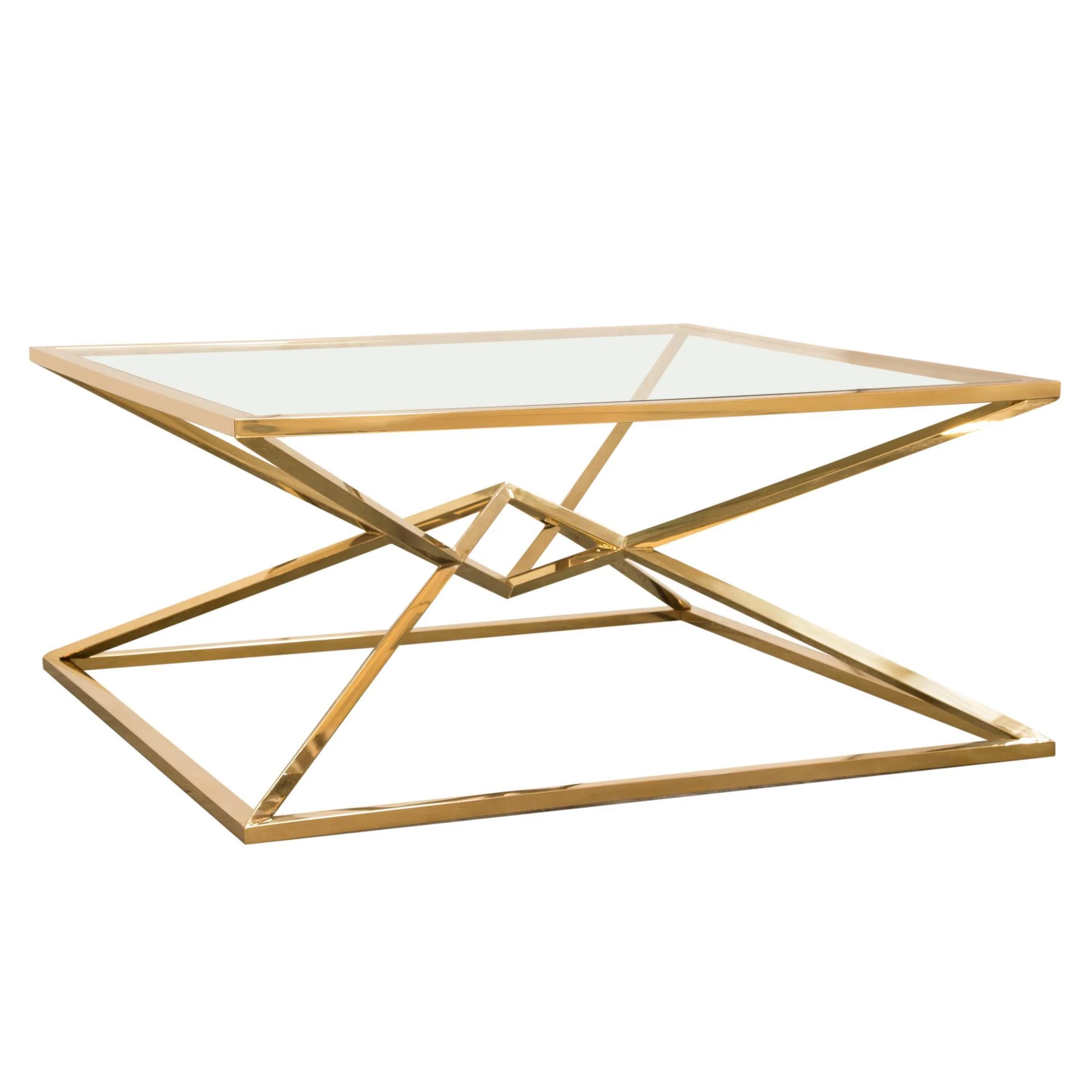 Aria Square Stainless Steel Cocktail Table w/ Polished Gold Finish Base & Clear, Tempered Glass Top by Diamond Sofa - Image 4
