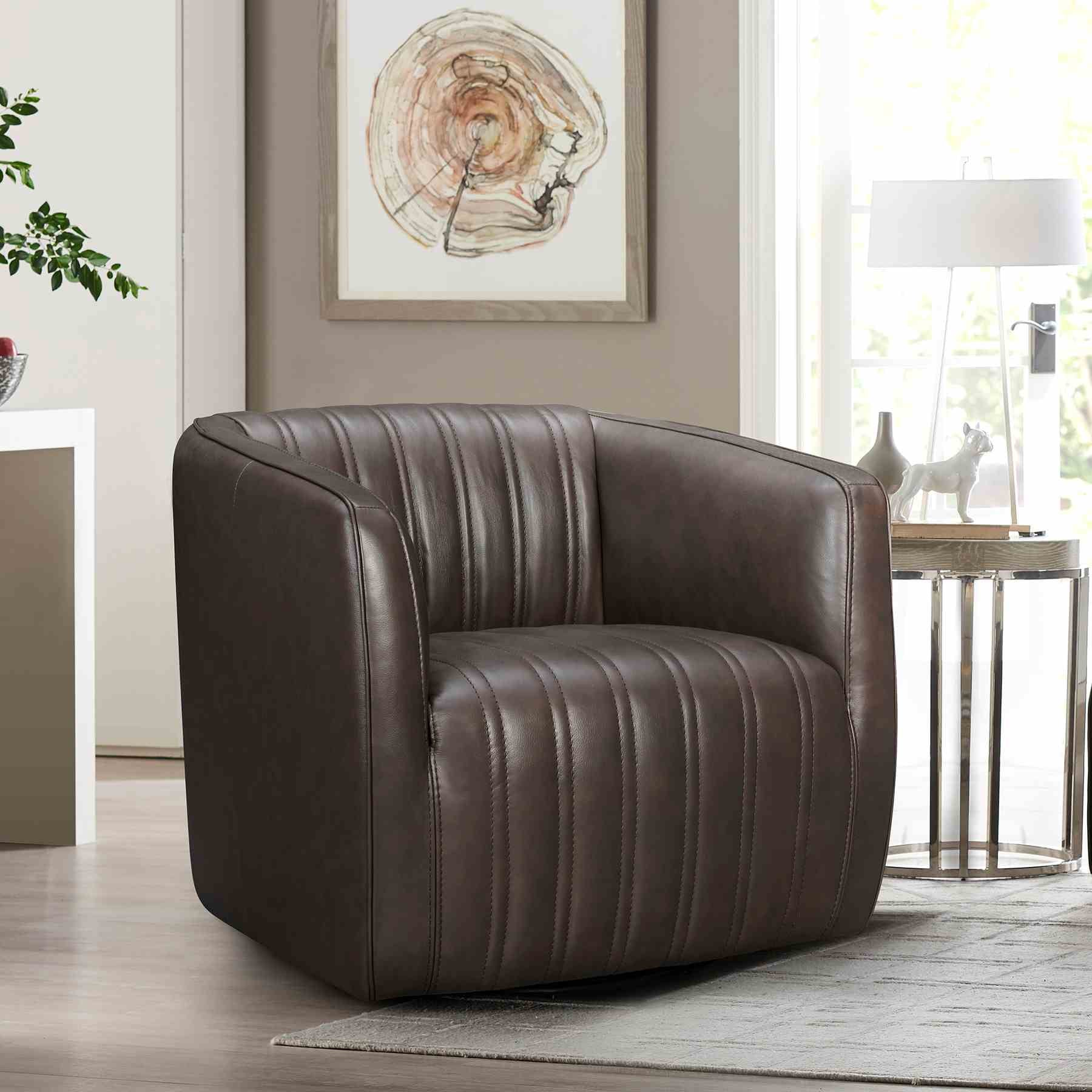 Aries Espresso Genuine Leather Swivel Barrel Chair - Image 7