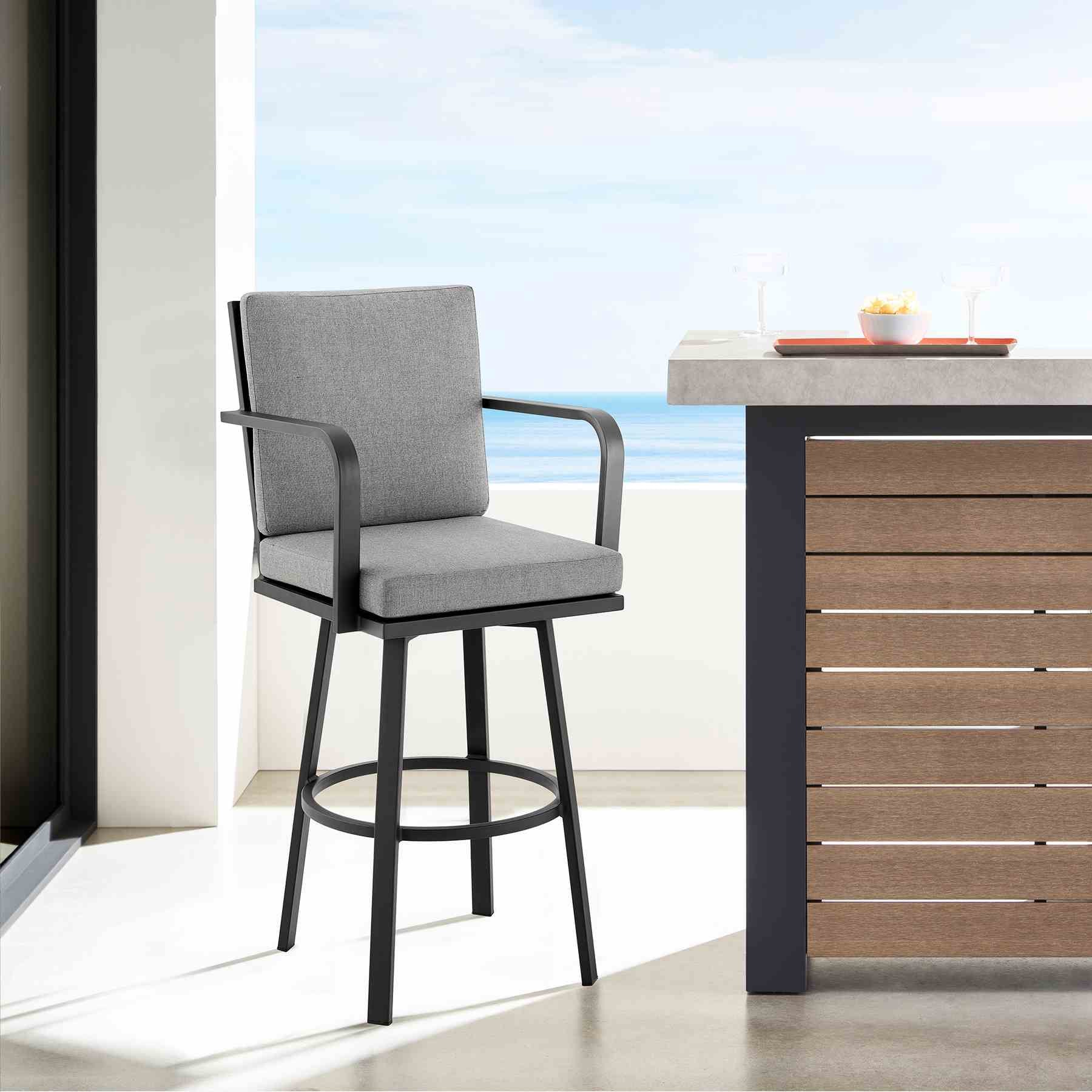 Arnauld 30" Outdoor Patio Swivel Bar Stool in Black Aluminum with Gray Cushions - Image 12