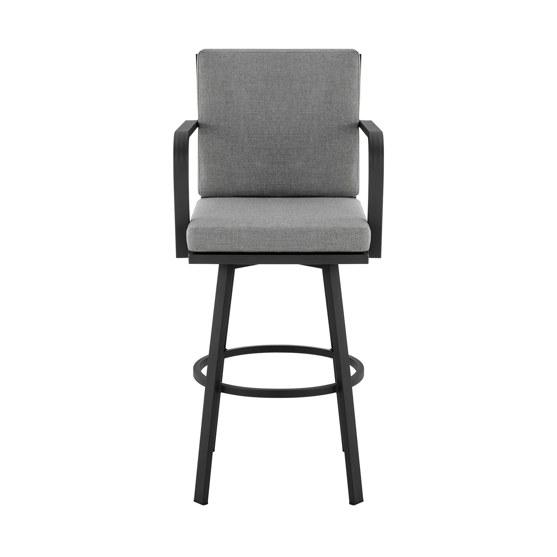 Arnauld 30" Outdoor Patio Swivel Bar Stool in Black Aluminum with Gray Cushions - Image 2