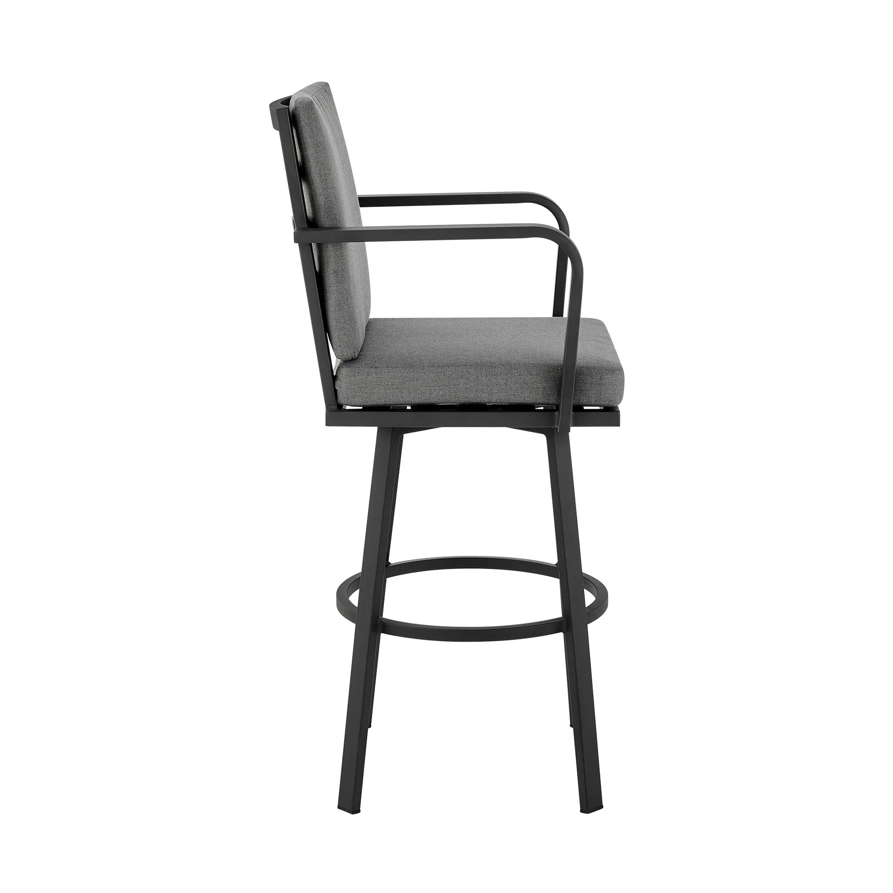 Arnauld 30" Outdoor Patio Swivel Bar Stool in Black Aluminum with Gray Cushions - Image 3