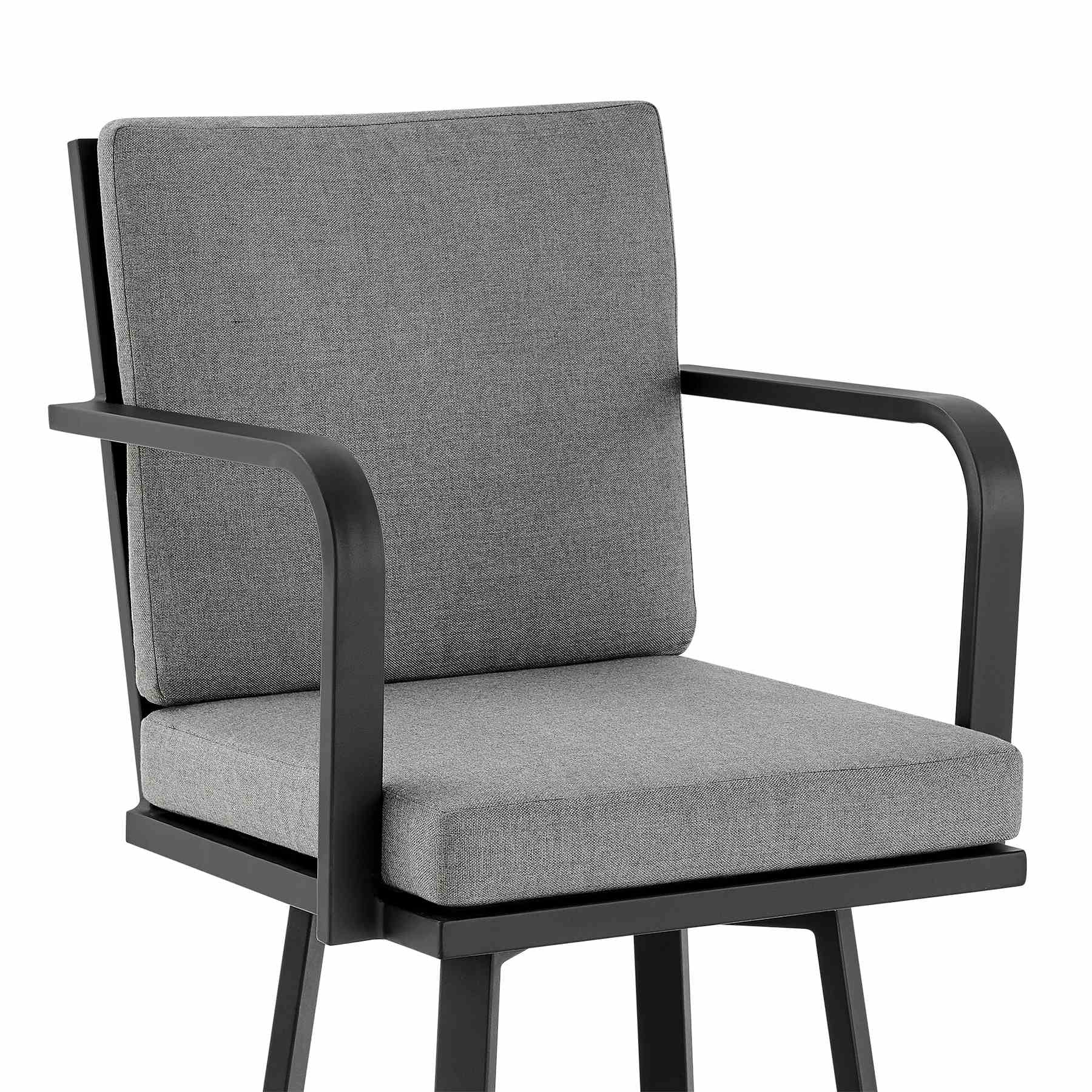 Arnauld 30" Outdoor Patio Swivel Bar Stool in Black Aluminum with Gray Cushions - Image 6