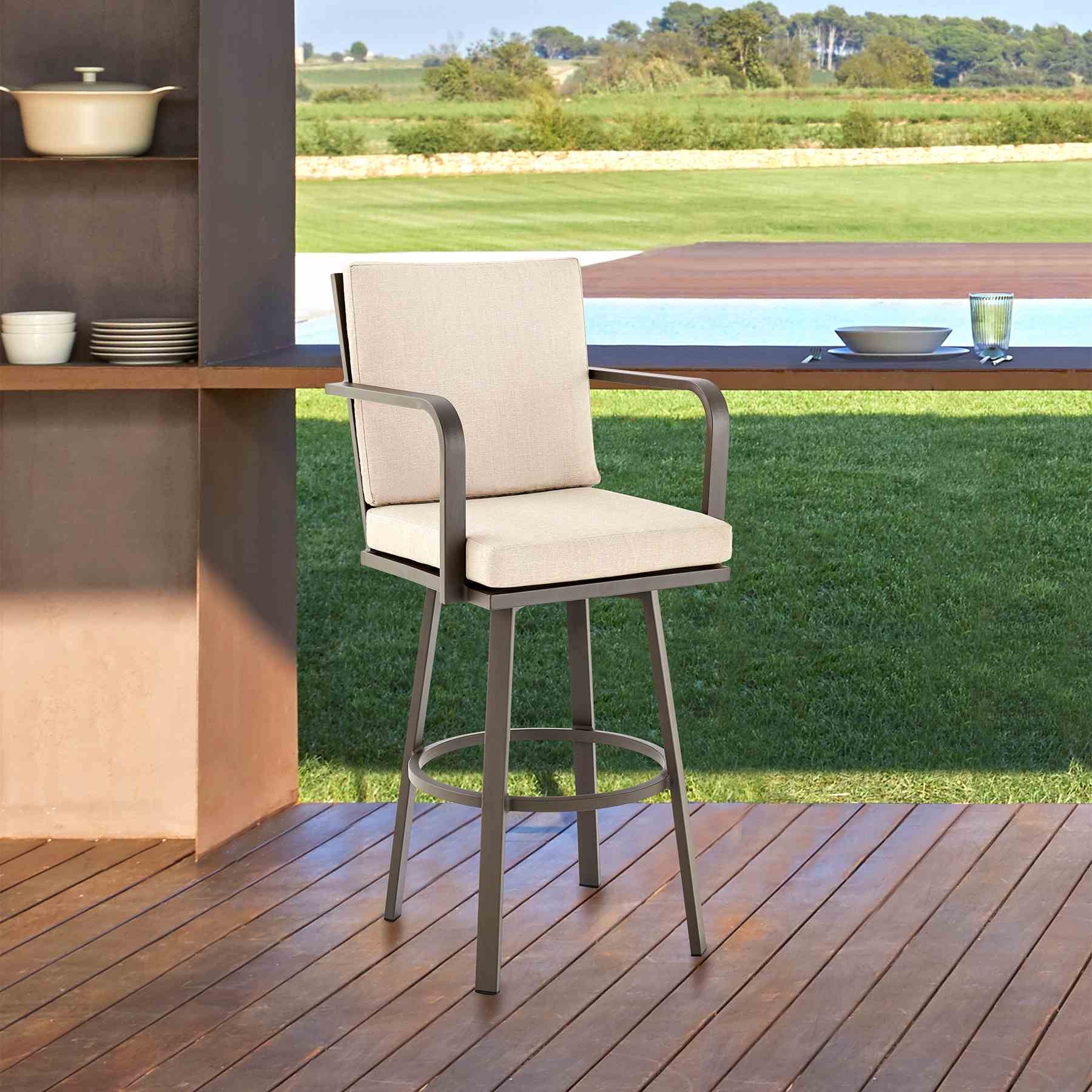Arnauld 30" Outdoor Patio Swivel Bar Stool in Brown Aluminum with Cushions - Image 12