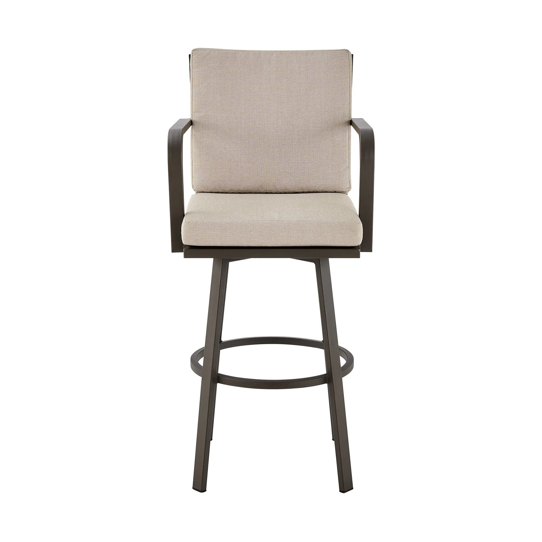 Arnauld 30" Outdoor Patio Swivel Bar Stool in Brown Aluminum with Cushions - Image 2
