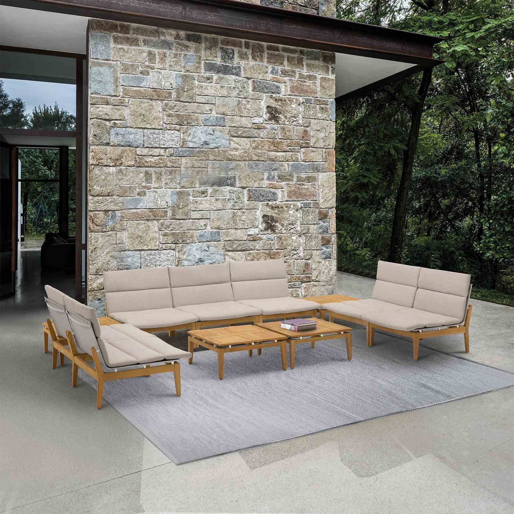 Arno Outdoor 11 Piece Teak Wood Seating Set in Beige Olefin - Image 8