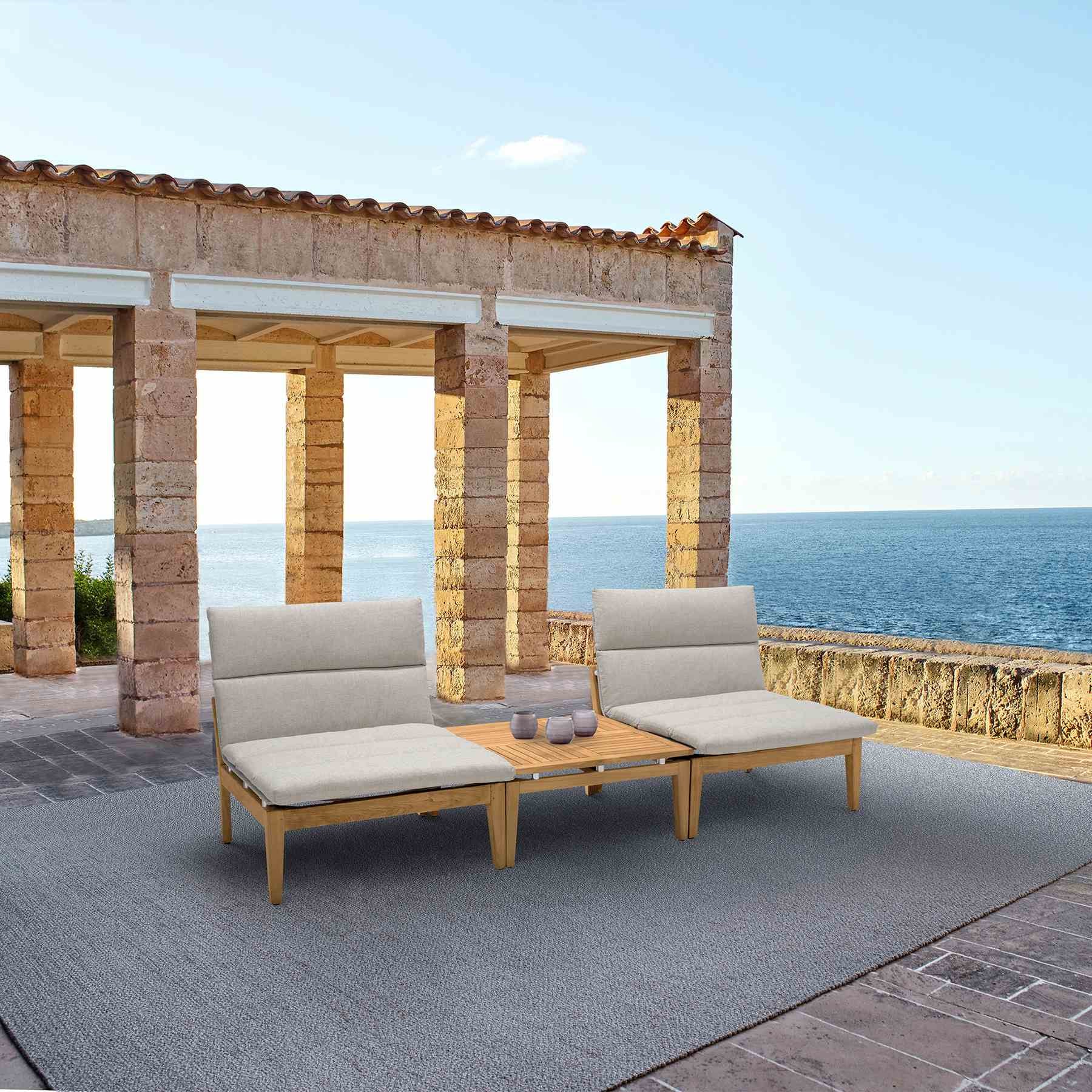 Arno Outdoor 3 Piece Teak Wood Seating Set in Beige Olefin - Image 8