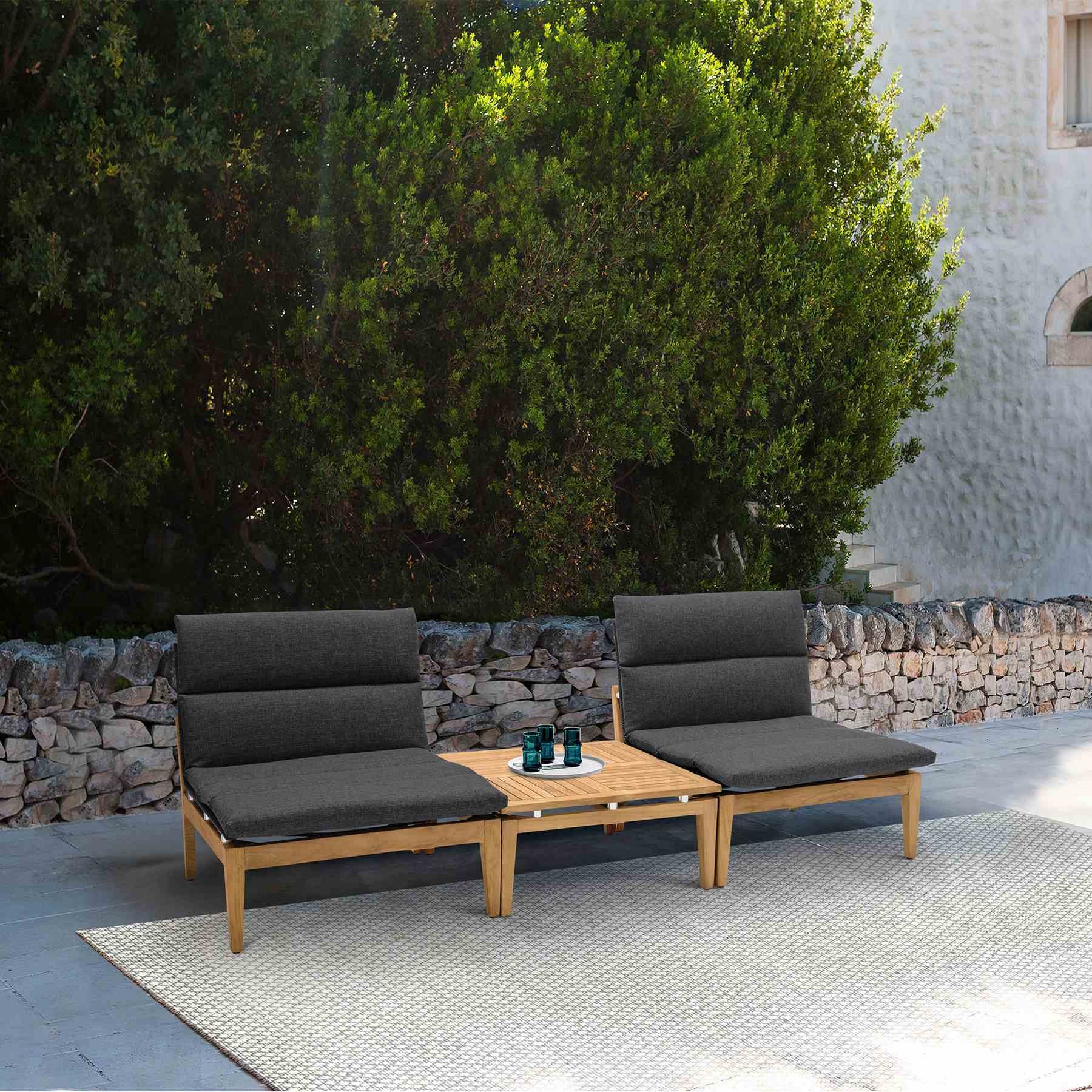Arno Outdoor 3 Piece Teak Wood Seating Set in Charcoal Olefin - Image 8