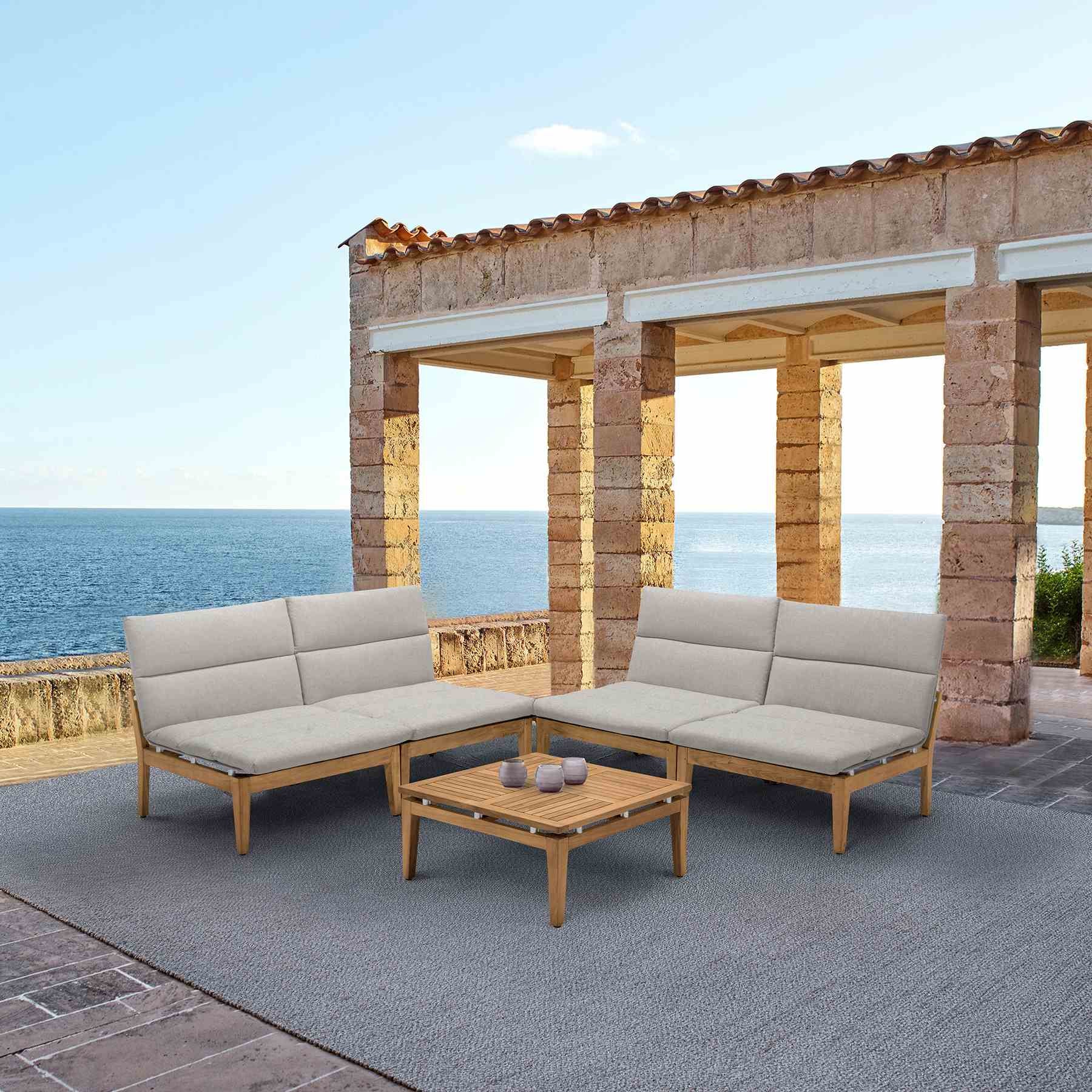Arno Outdoor 5 Piece Teak Wood Seating Set in Beige Olefin - Image 8