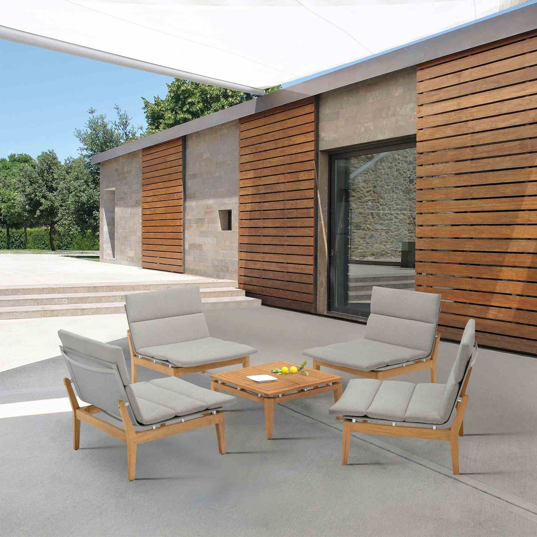 Arno Outdoor 5 Piece Teak Wood Seating Set in Beige Olefin - Image 8