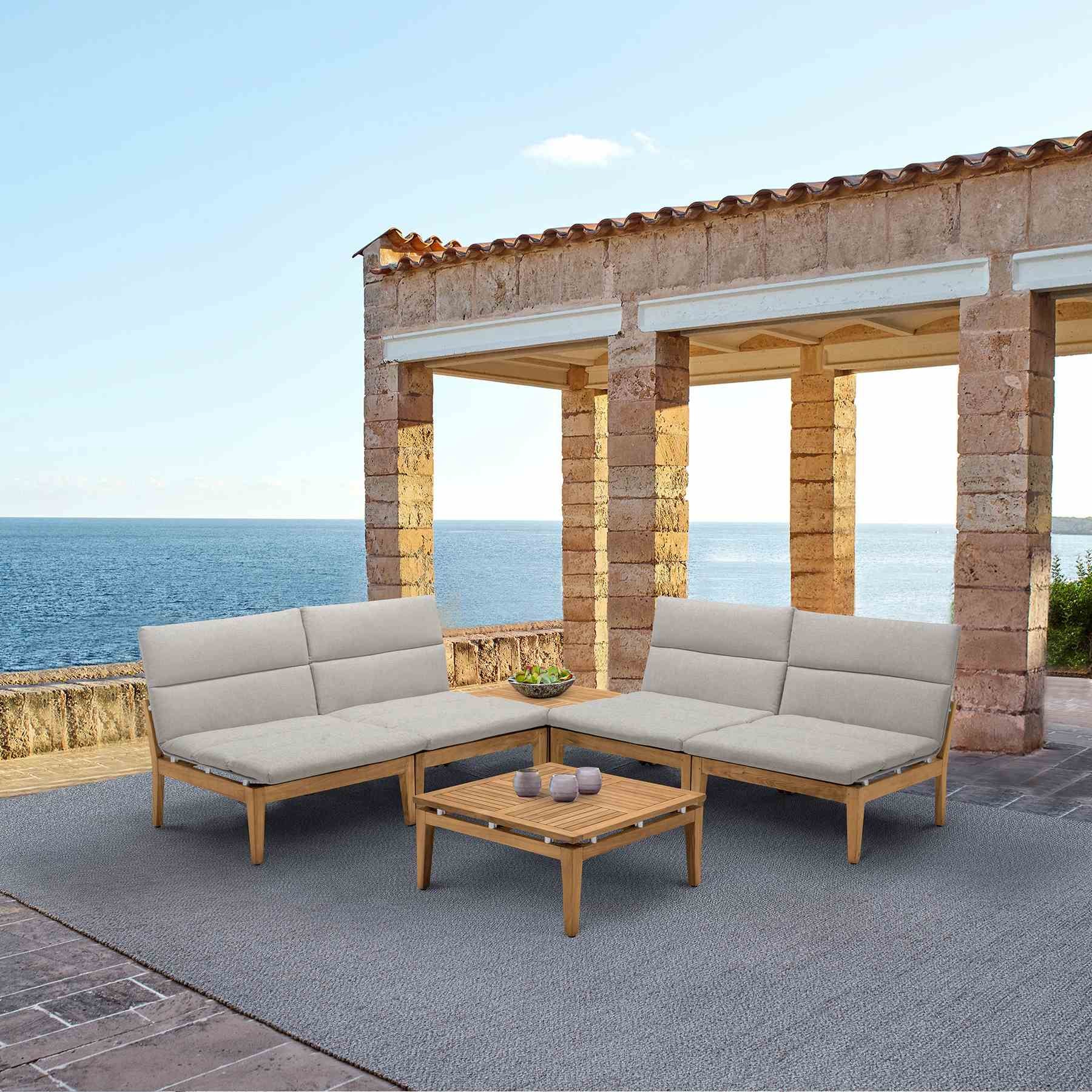 Arno Outdoor 6 Piece Teak Wood Seating Set in Beige Olefin - Image 8