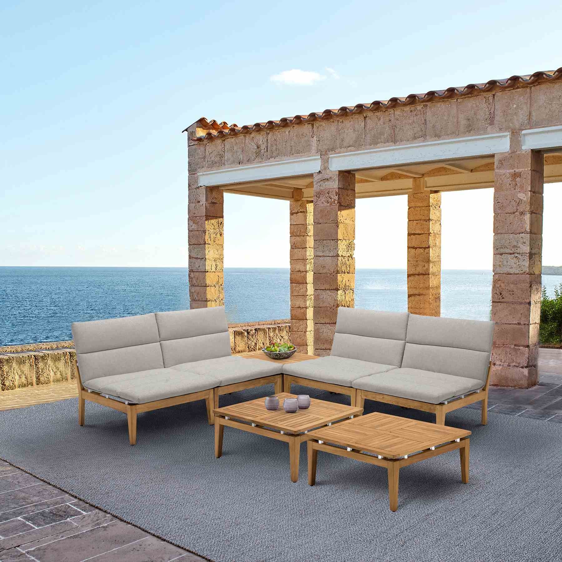Arno Outdoor 7 Piece Teak Wood Seating Set in Beige Olefin - Image 8