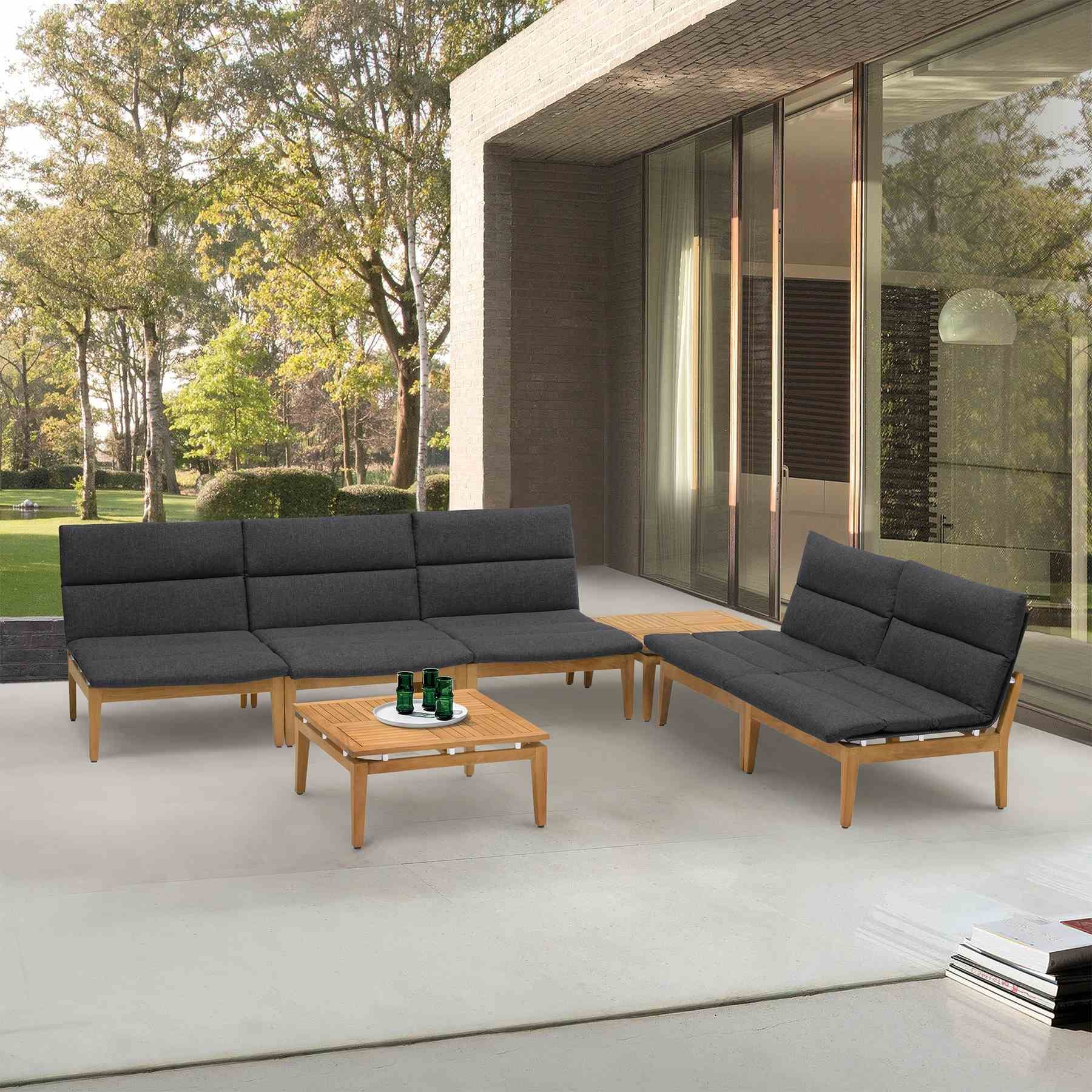 Arno Outdoor 7 Piece Teak Wood Seating Set in Charcoal Olefin - Image 8