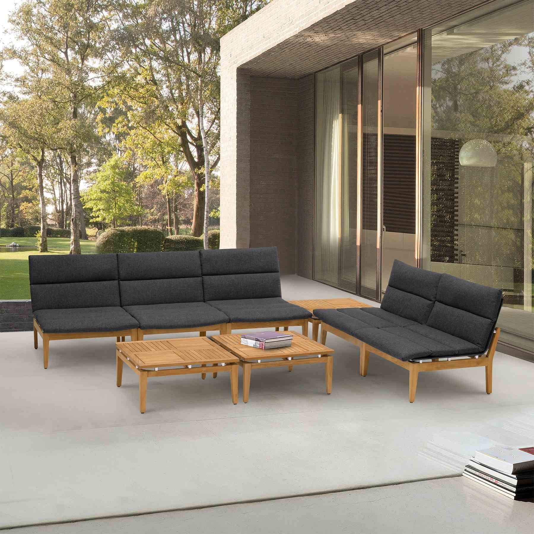 Arno Outdoor 8 Piece Teak Wood Seating Set in Charcoal Olefin - Image 8