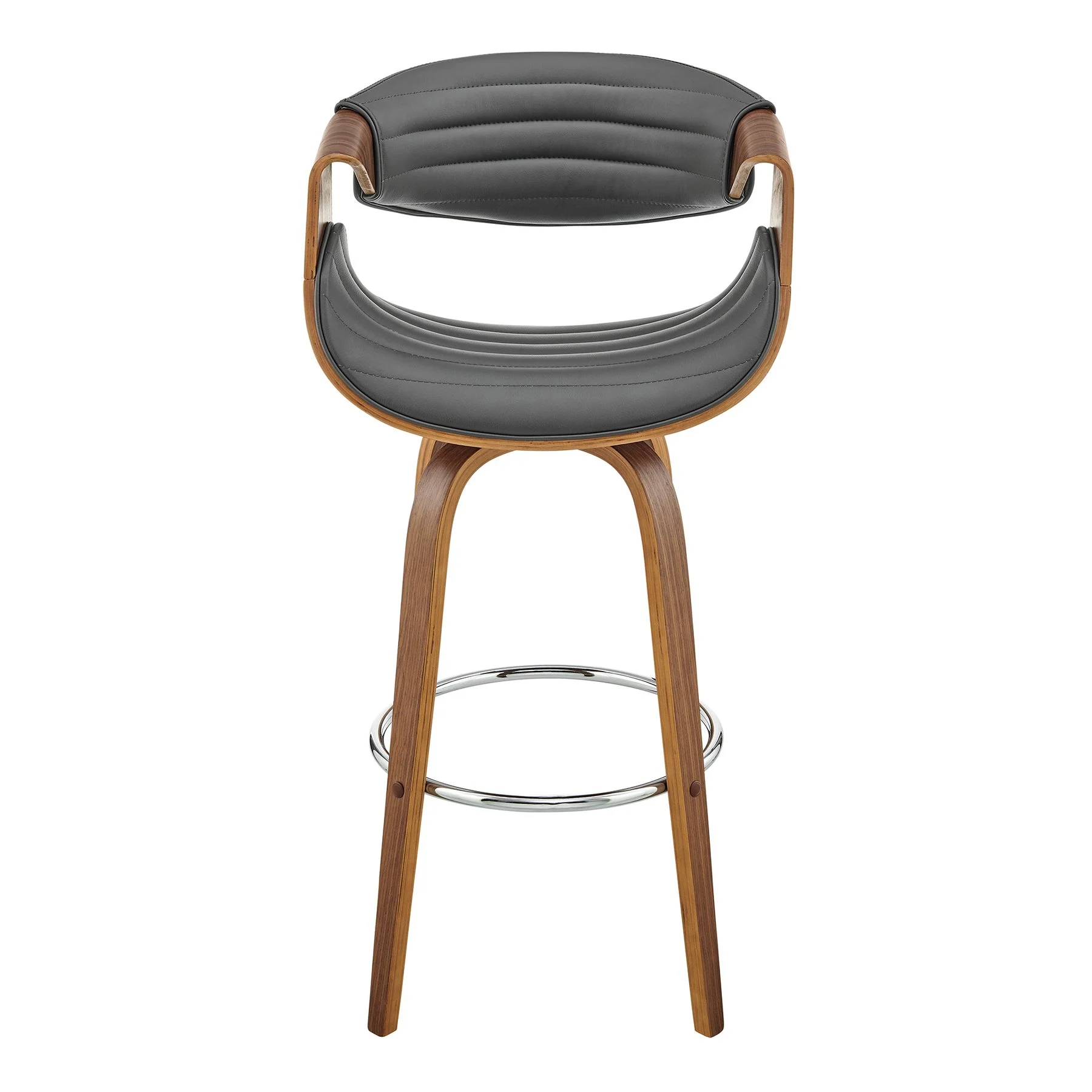 Arya 26" Swivel Counter Stool in Gray Faux Leather and Walnut Wood - Image 2