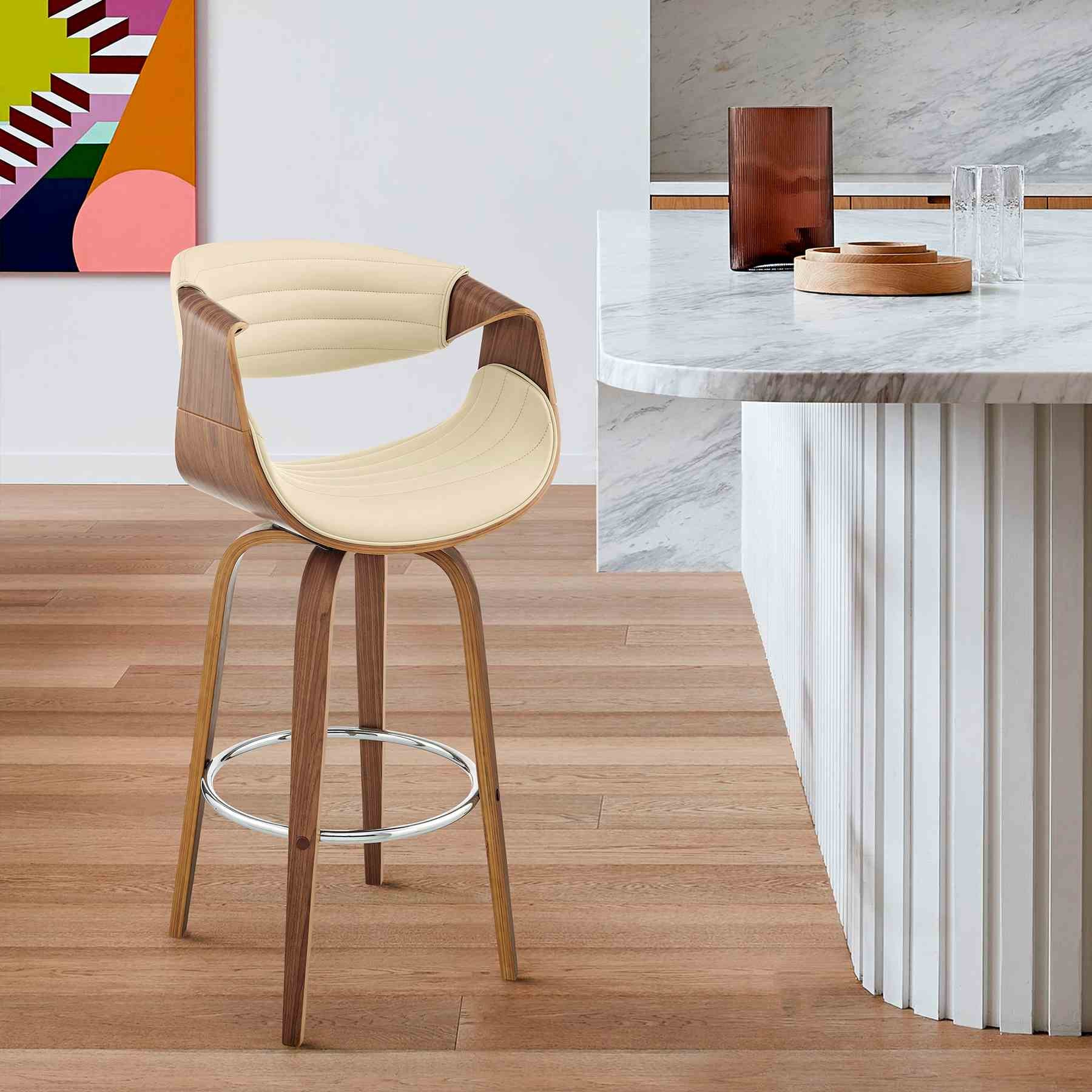 Arya 30" Swivel Bar Stool in Cream Faux Leather and Walnut Wood - Image 9