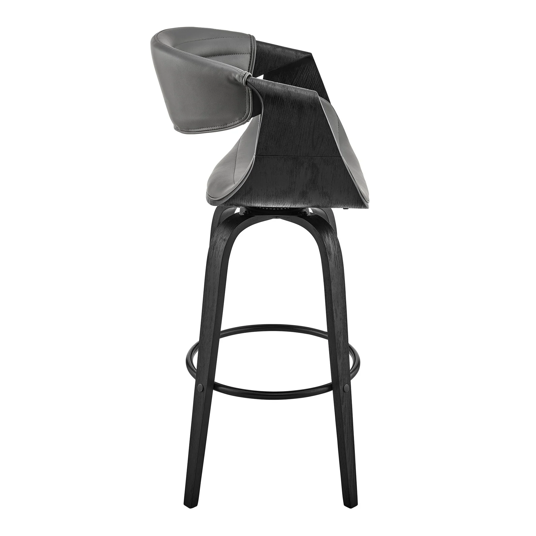 Arya 30" Swivel Bar Stool in Gray Faux Leather and Black Wood - Image 3
