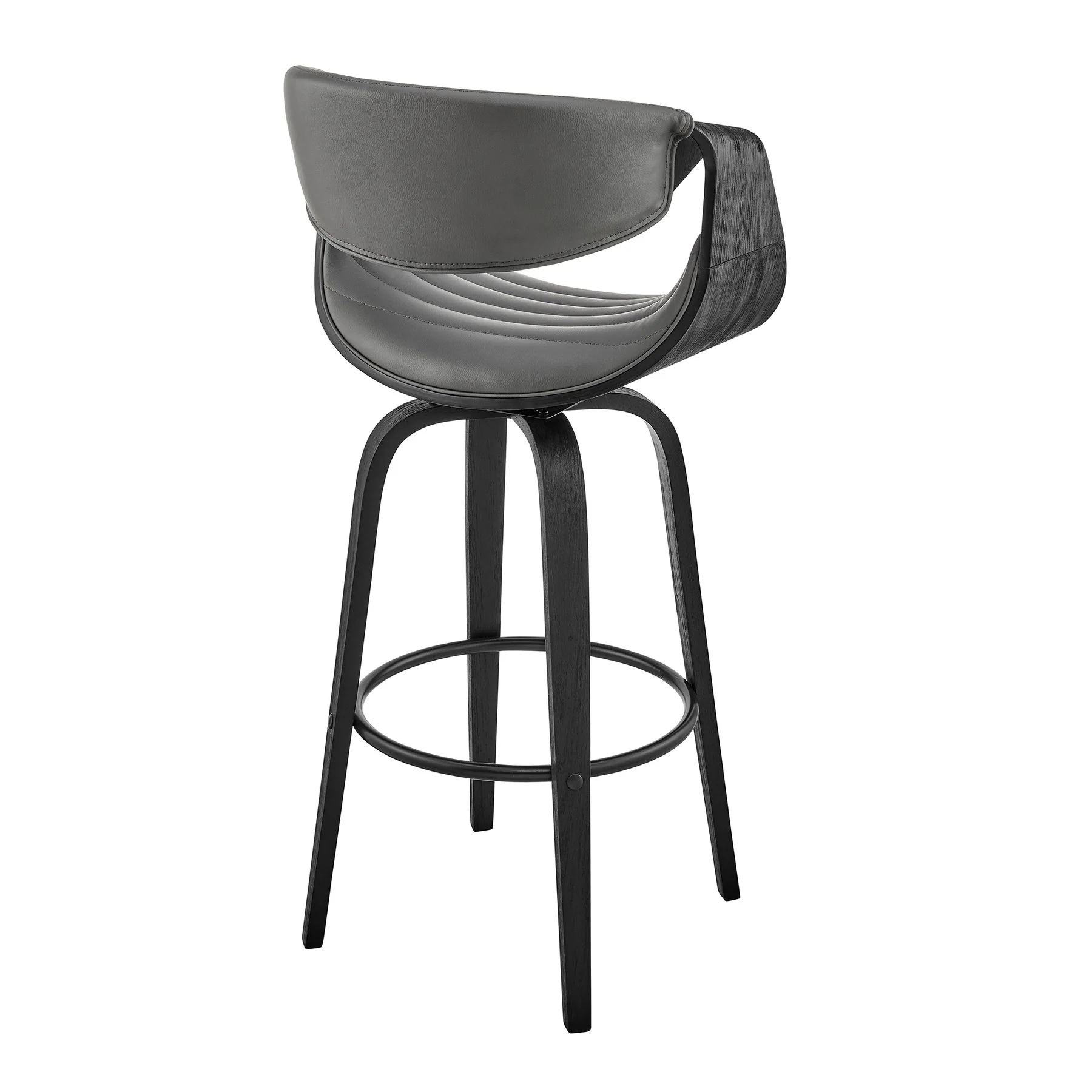 Arya 30" Swivel Bar Stool in Gray Faux Leather and Black Wood - Image 4