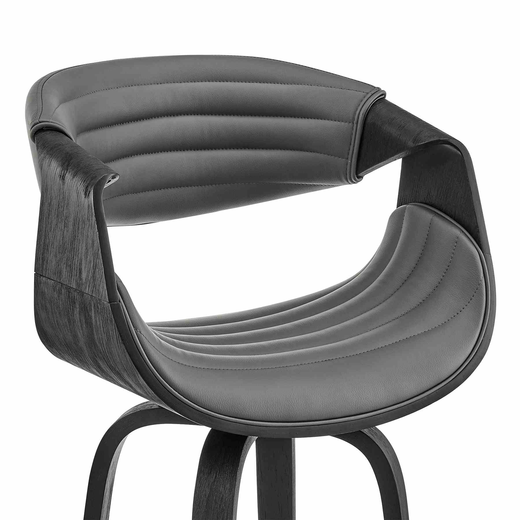 Arya 30" Swivel Bar Stool in Gray Faux Leather and Black Wood - Image 6