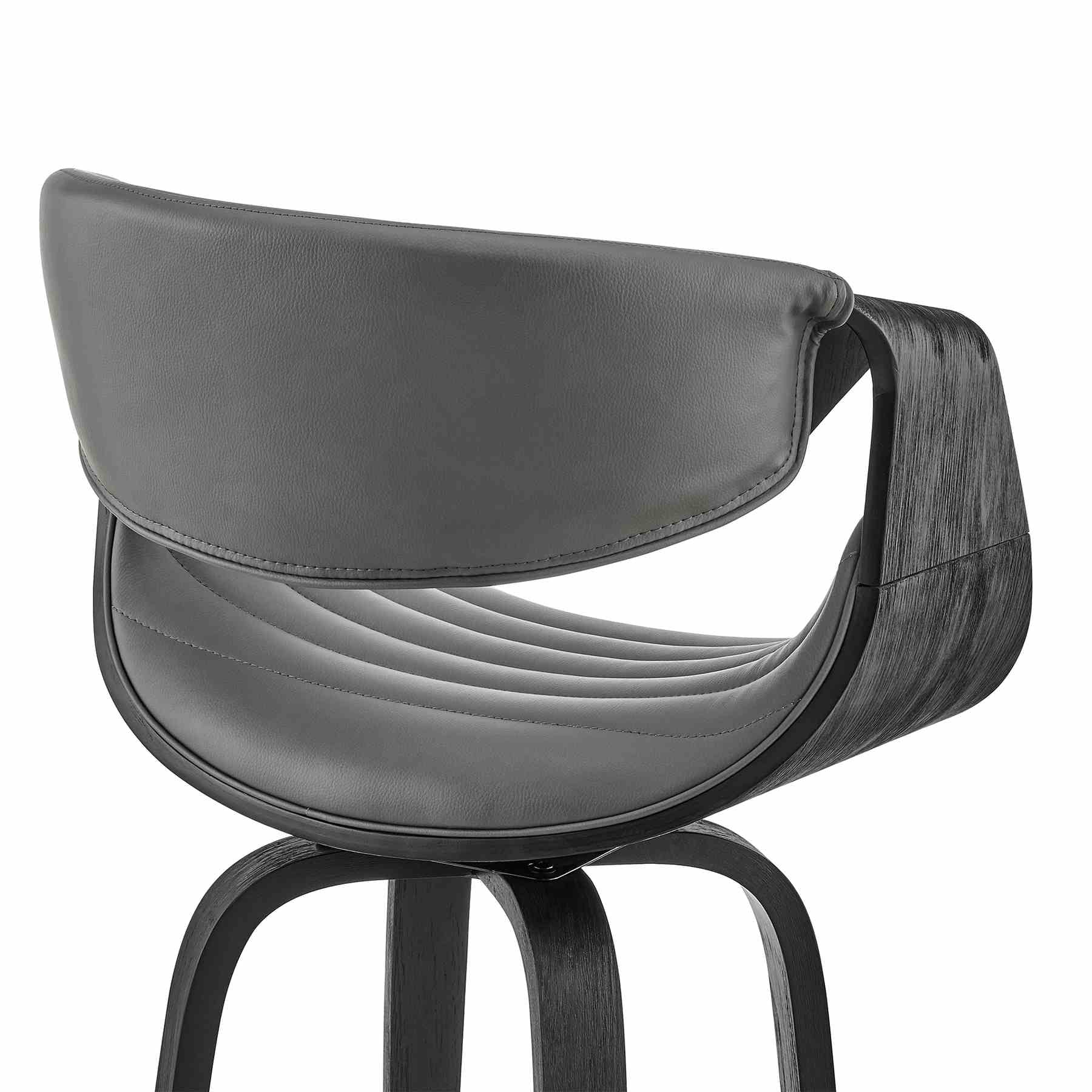 Arya 30" Swivel Bar Stool in Gray Faux Leather and Black Wood - Image 7